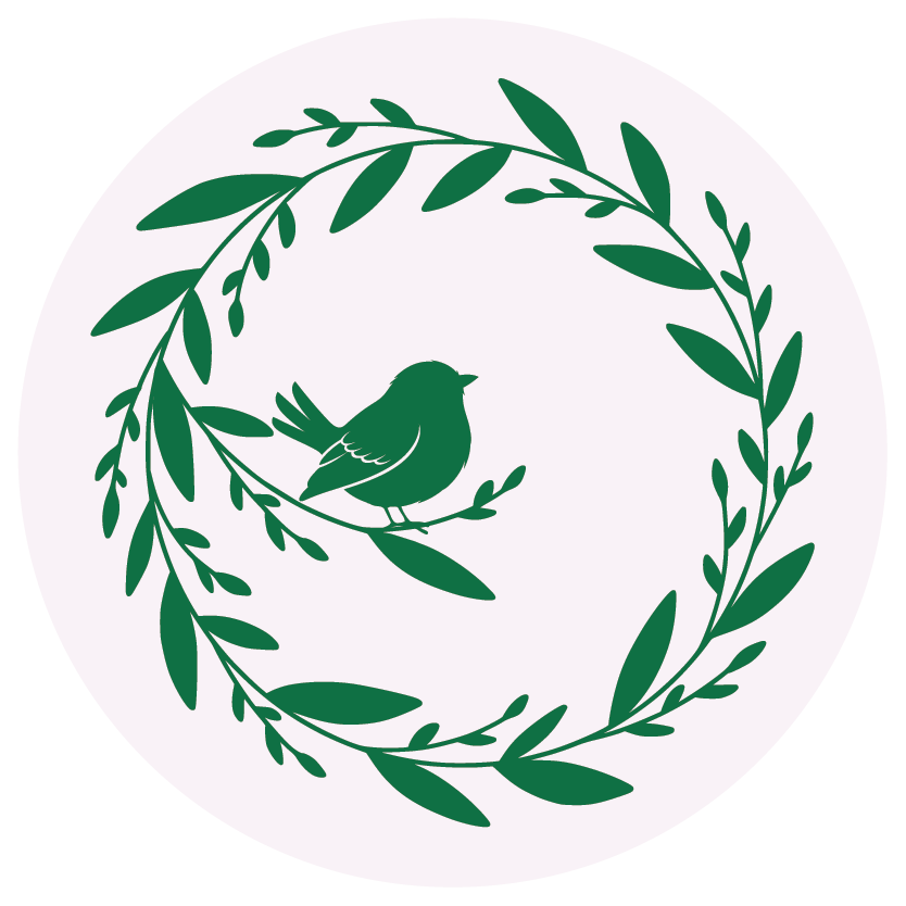 A green silhouette of a bird sitting on a branch, surrounded by a wreath of leaves, on a circular white background.