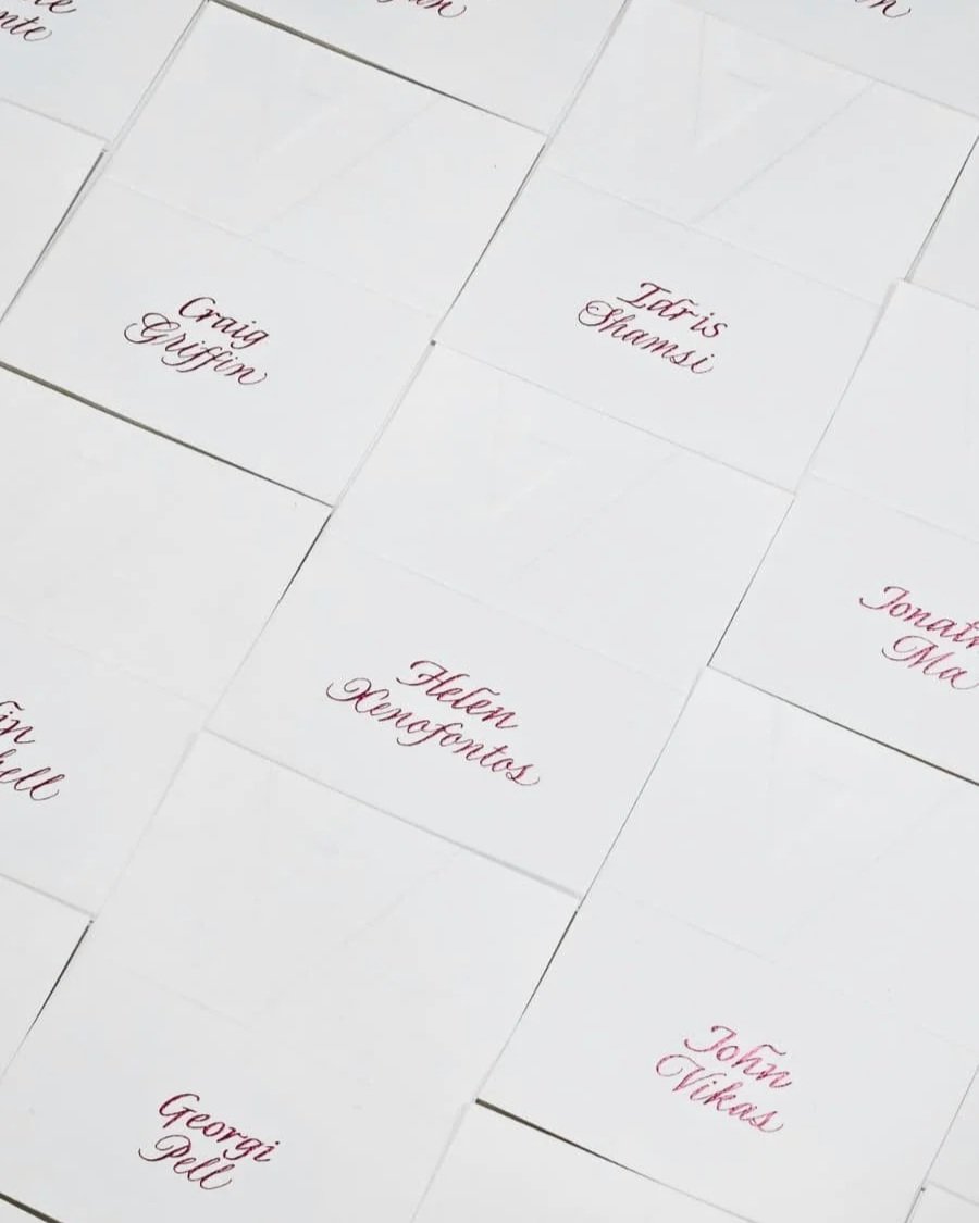 Bespoke calligraphy placecards for Adobe, in our signature combination scripts of Copperplate and Italic