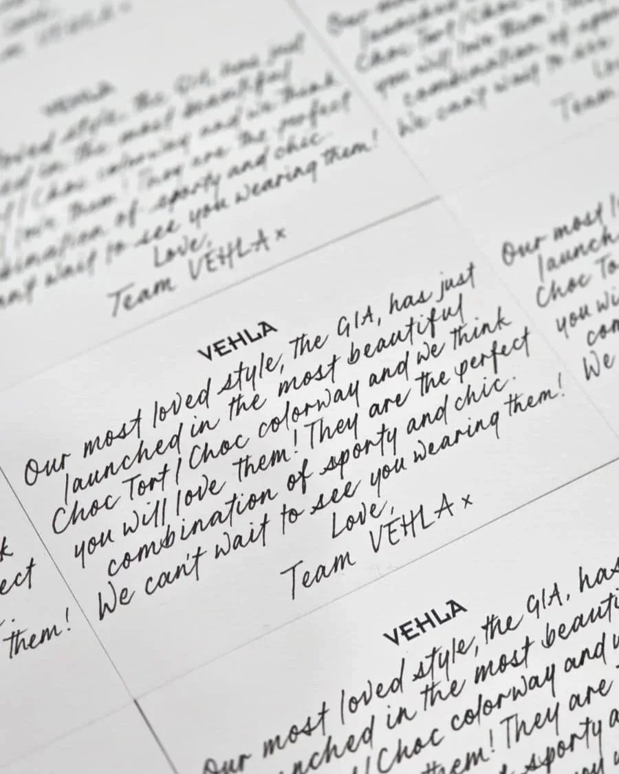 Bespoke Calligraphy in Modern Script for VEHLA PR Packages
