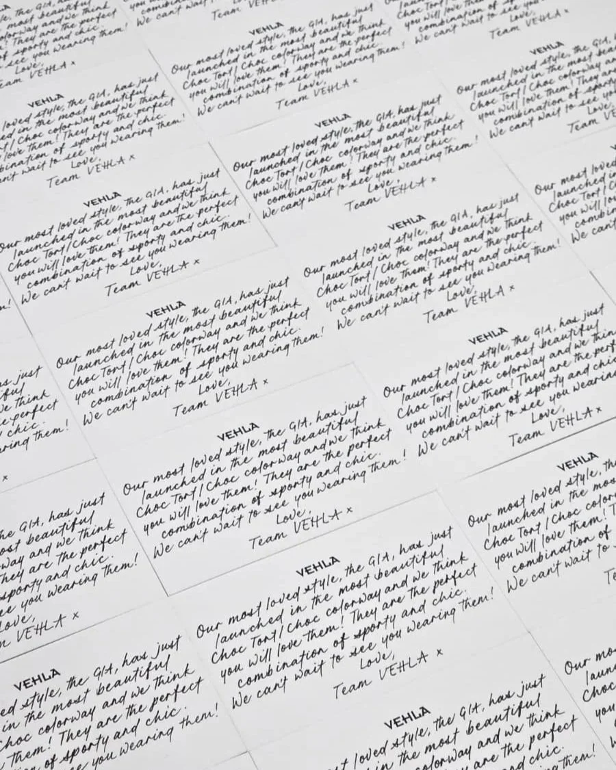 Bespoke Calligraphy in Modern Script for VEHLA PR Packages