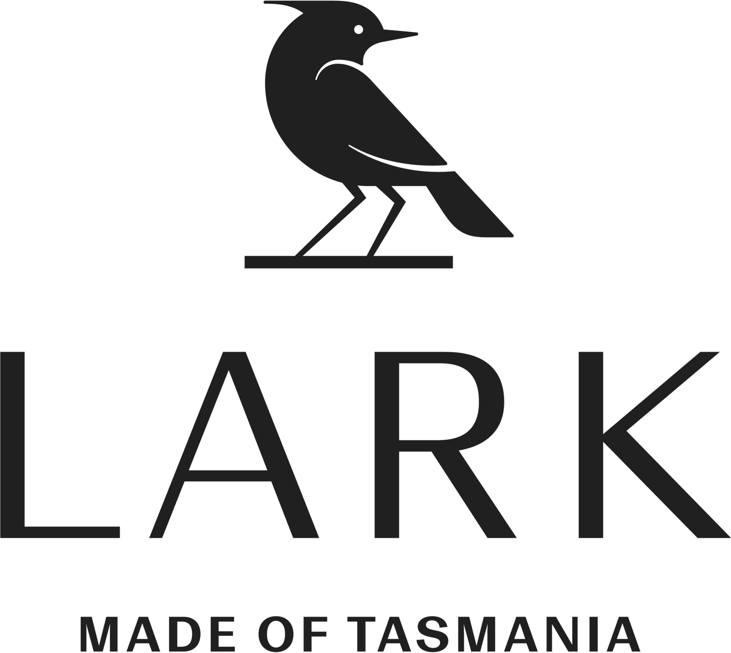 A black logo with a stylized bird and the words "LARK MADE OF TASMANIA".