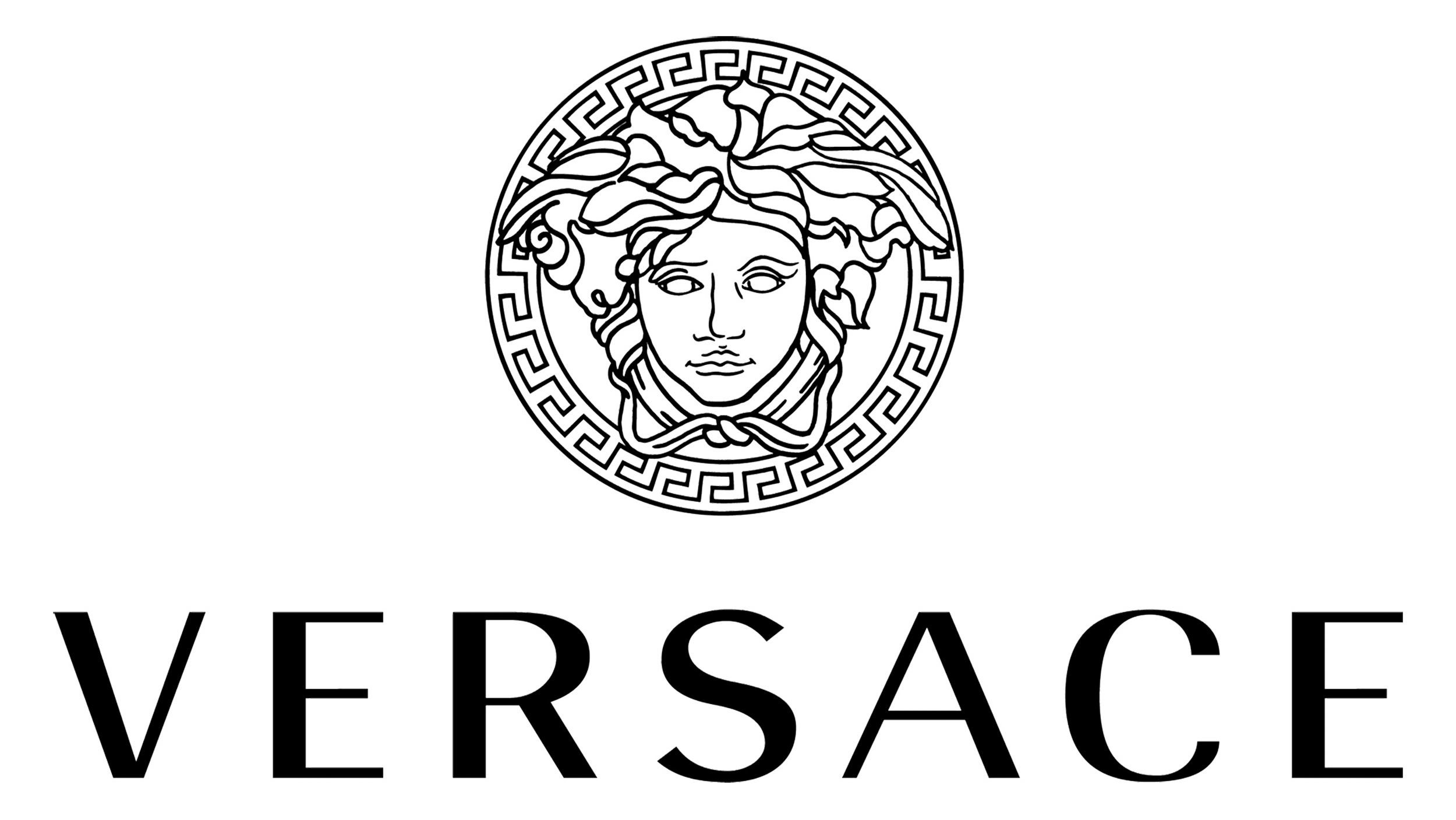 Black background with the Versace logo featuring the head of Medusa in a circular frame, and the word "VERSACE" in large font below.