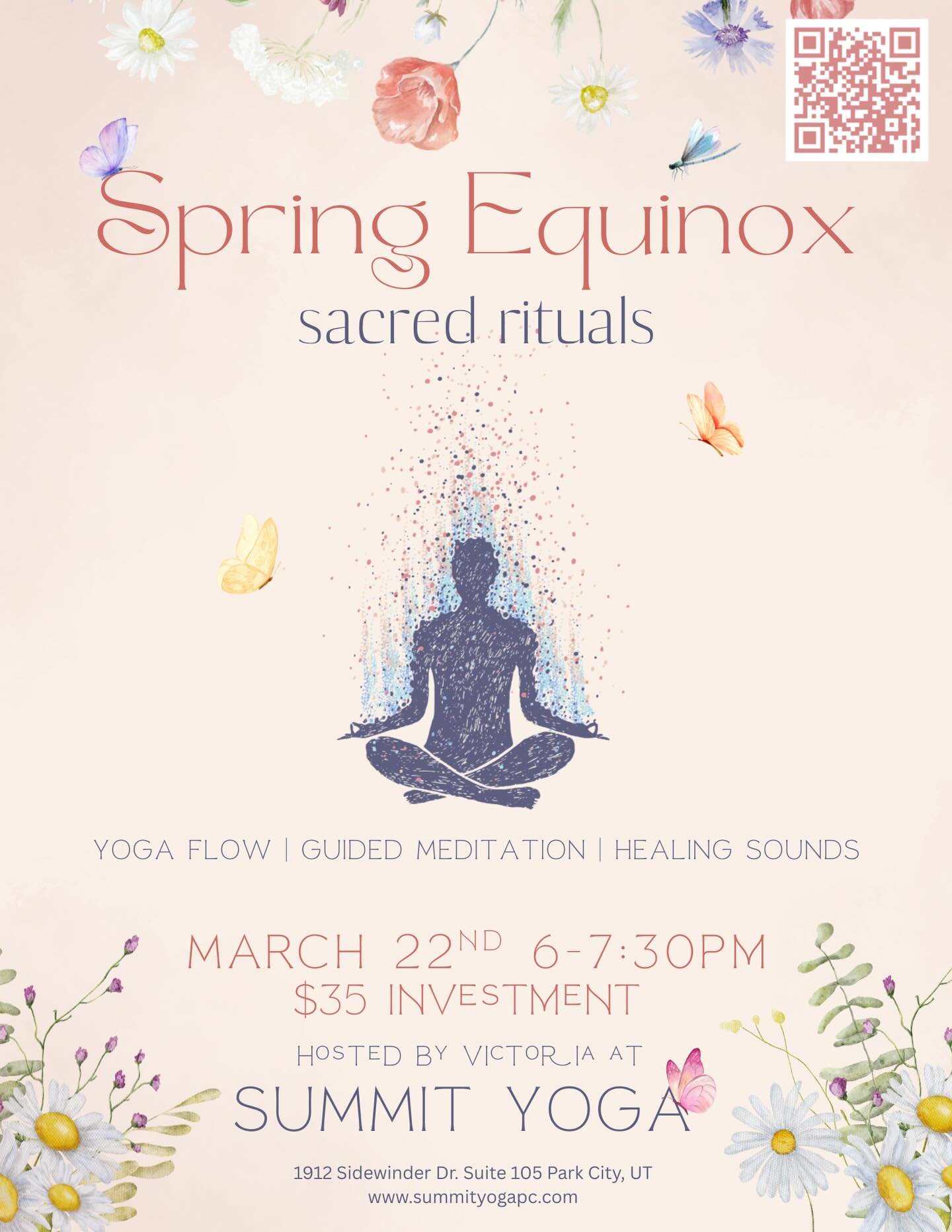 Yoga 💫 Meditation 💫 Healing Vibrations

Join Victoria on Sunday, March 22 to celebrate the arrival of the Spring Equinox with some healing rituals honoring the change of season and energy.

What to Expect: * Begin with intentions and affirmations f