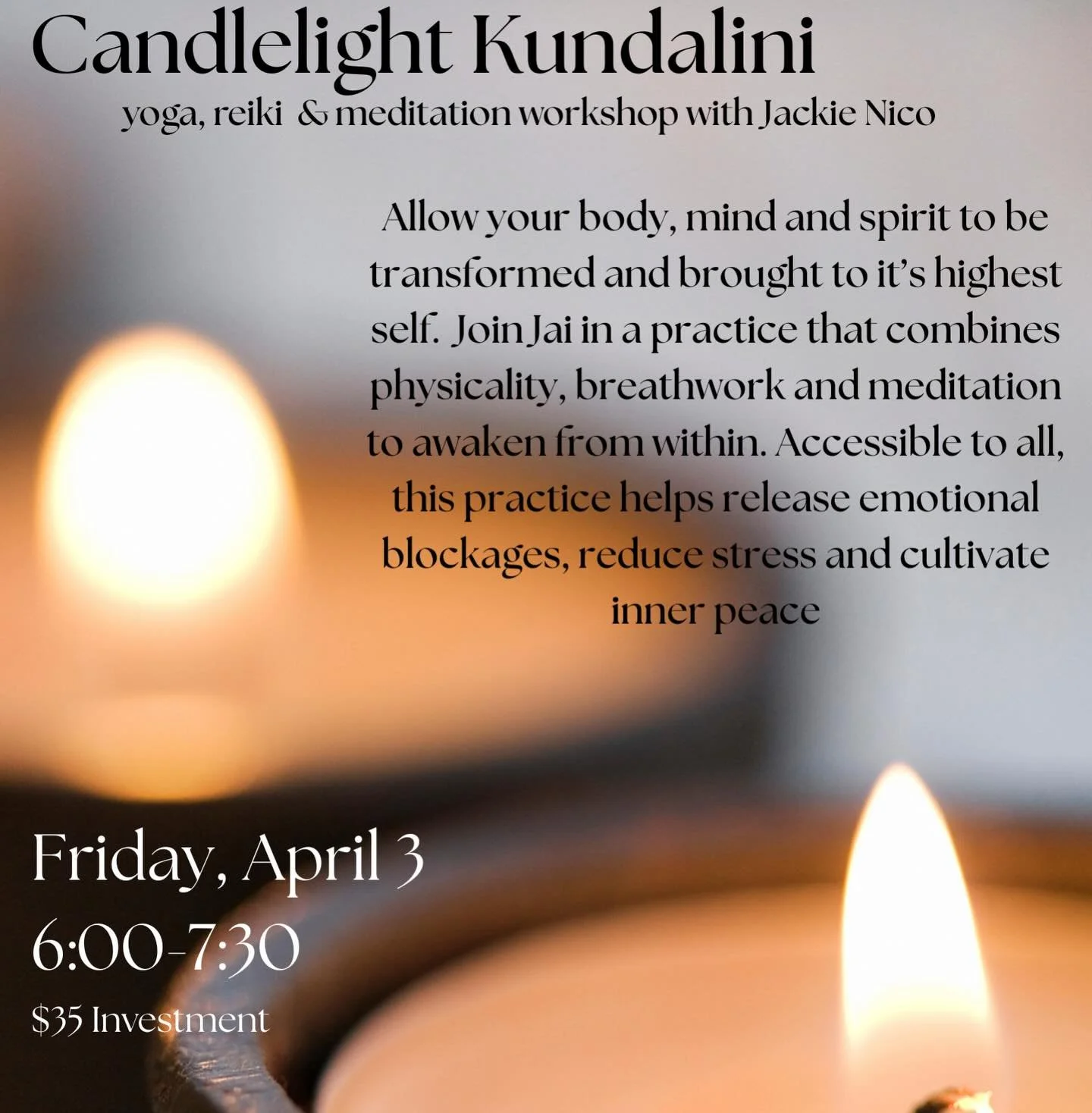 This Friday night, join @the.jnico at Summit Yoga for a night of awakening, releasing &amp; peace. This workshop will include kundalini yoga practice, breathwork and meditation. Find 90 minute for yourself before the Easter holiday to re-center and c