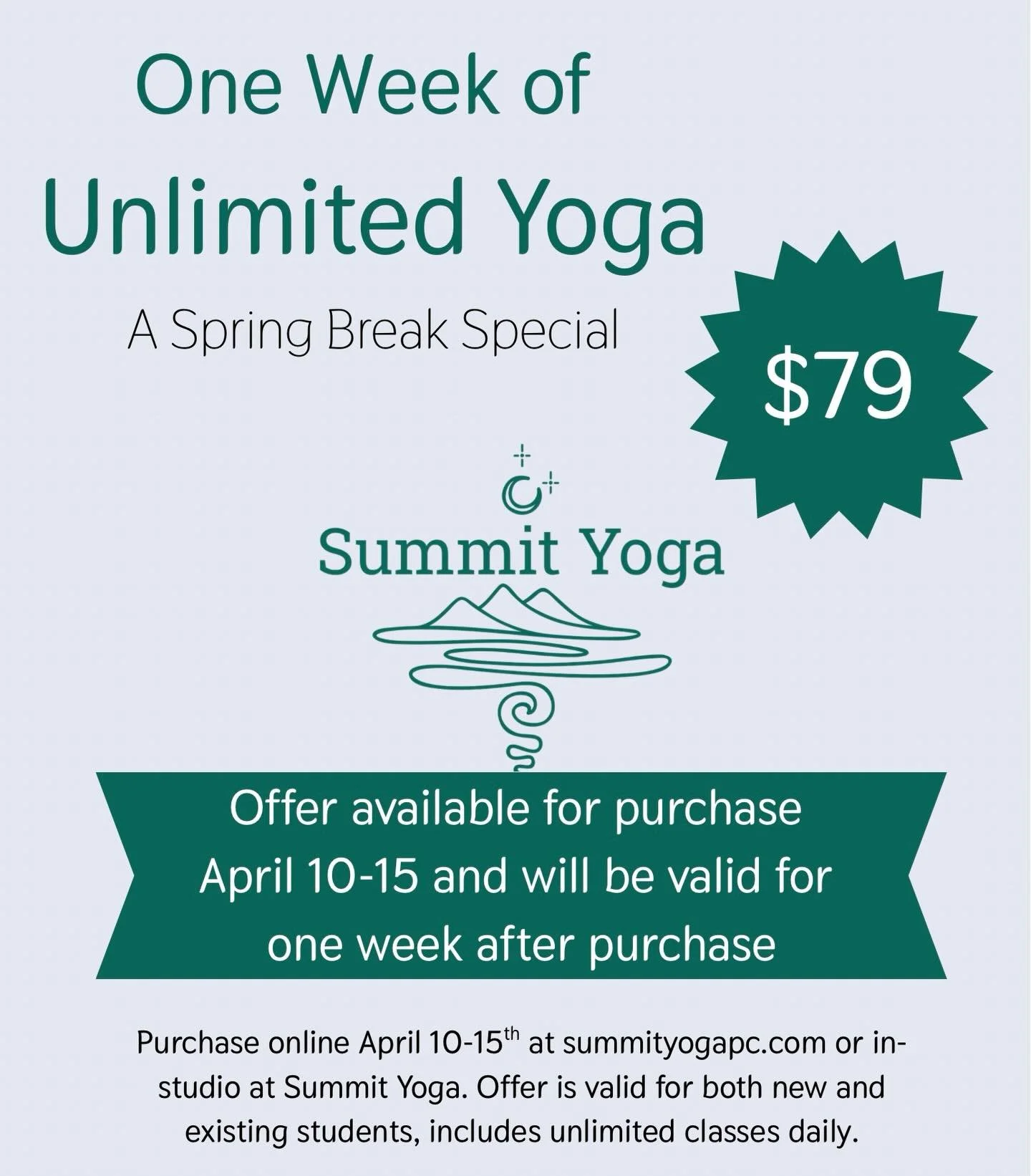 Staying in Park City next week? Take advantage of the staycation with a week of unlimited yoga for $79 😎 offer is available from April 10-15 to both new and existing clients. Come try a couple classes per day if you&rsquo;re feeling adventurous or j