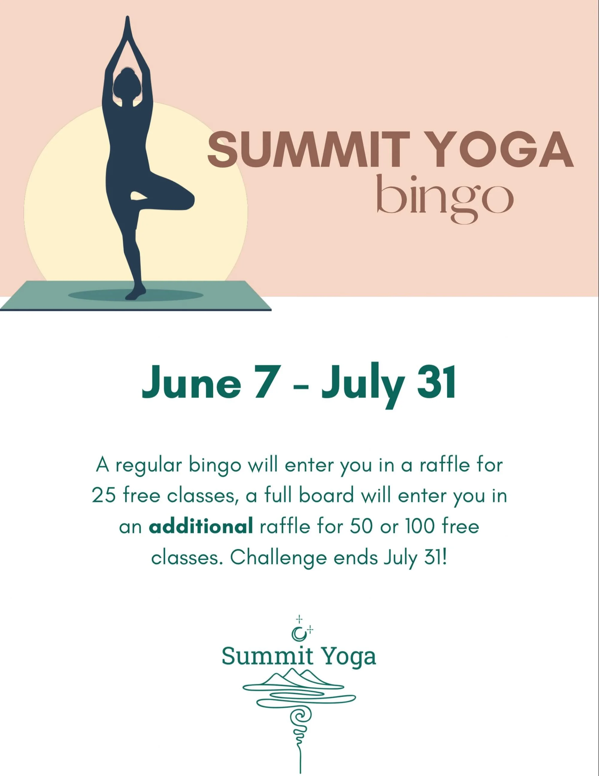 We made you a bingo card.. 

🗓️ 8 weeks
🧘🏼&zwj;♀️ 24 squares
🏅 prizes of 25, 50 and 100 classes 

Challenge runs from now until July 31! Get your card in the studio