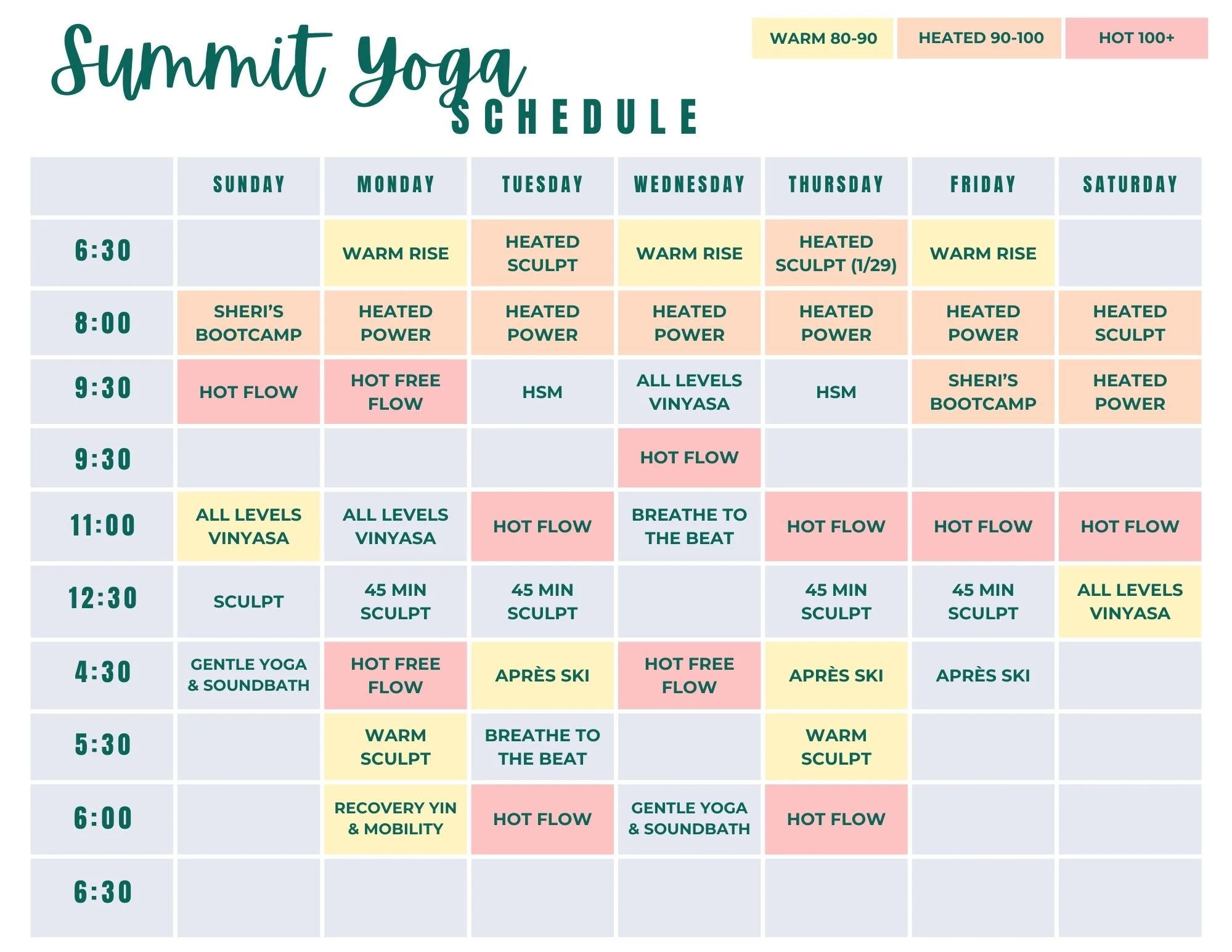 Weekly yoga schedule with class times and names, color-coded by temperature intensity: warm (green), heated (orange), and hot (red).