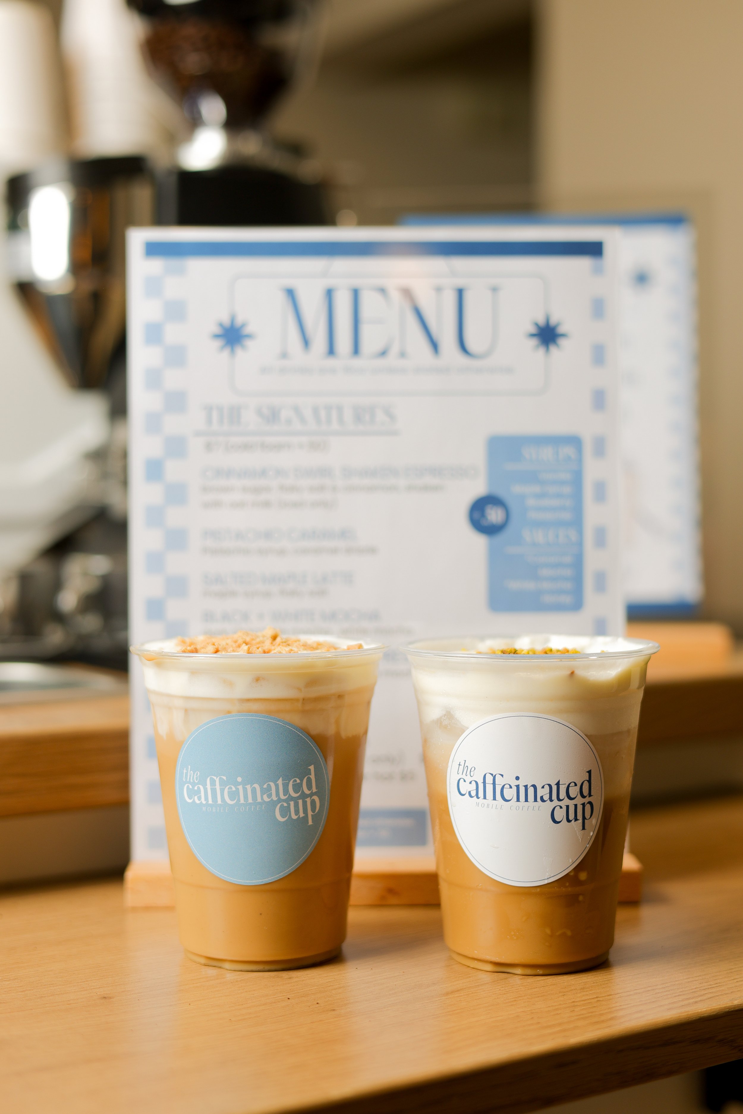 custom drinks made with Freshly brewed specialty coffee with premium syrups and locally roasted beans — every package from The Caffeinated Cup includes professional baristas and commercial espresso equipment