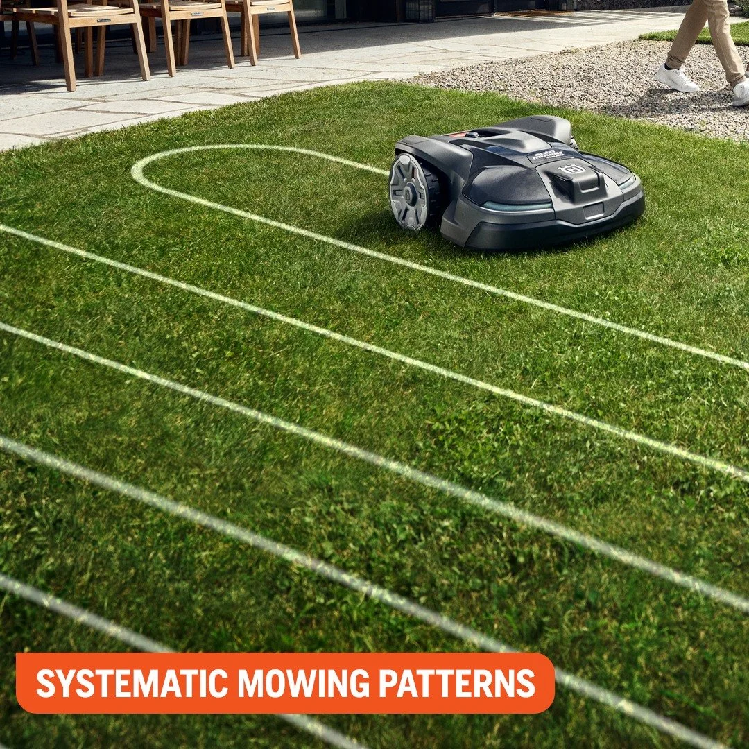 Have you heard of systematic mowing? 🌱 If not, it's all about creating a consistent and efficient mowing pattern for a healthier and more attractive lawn. With the Husqvarna NERA Automower&reg;, you can choose from three mowing patterns: parallel st
