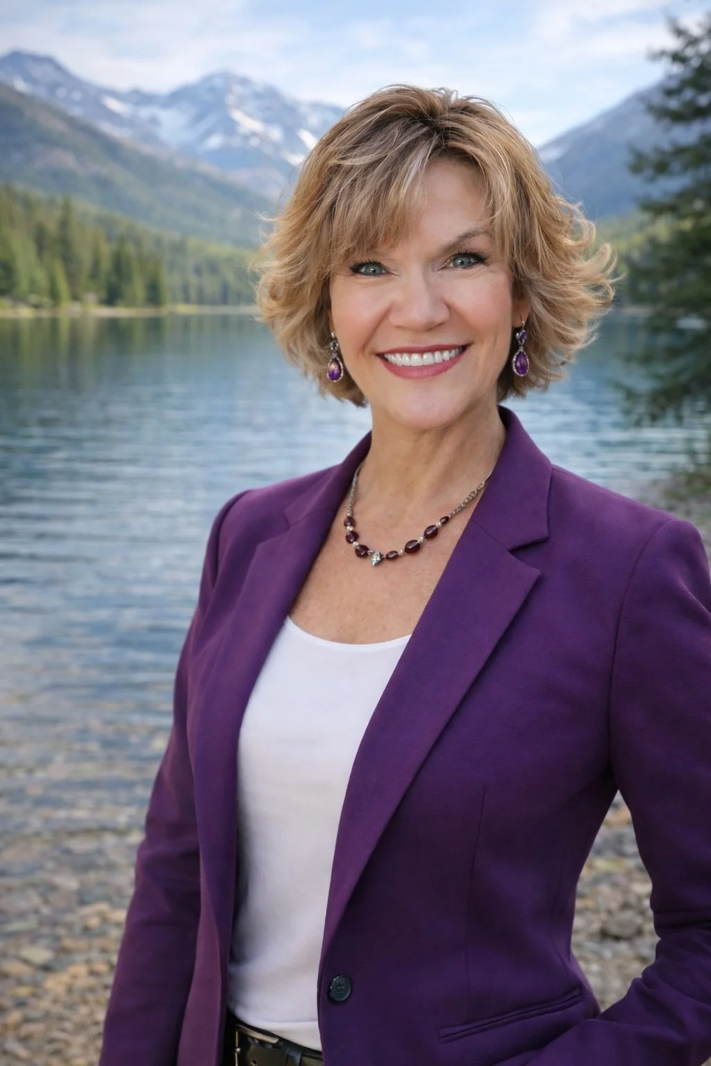 Sherri Passmore, certified health and wellness coach and metabolic terrain advocate, smiling outdoors by a mountain lake.