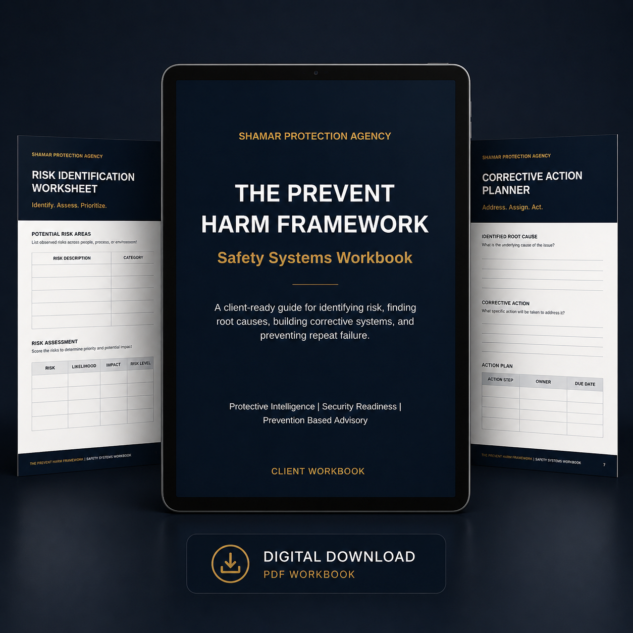 Digital image of a dark blue cover page titled 'The Prevent Harm Framework Safety Systems Workbook' with a subtitle describing it as a client-ready guide for identifying risk, finding root causes, building corrective systems, and preventing repeat failure. Two additional pages, one on the left labeled 'Risk Identification Worksheet' and one on the right labeled 'Corrective Action Planner,' are displayed behind the cover page, along with a button at the bottom indicating availability for digital download as a PDF workbook.