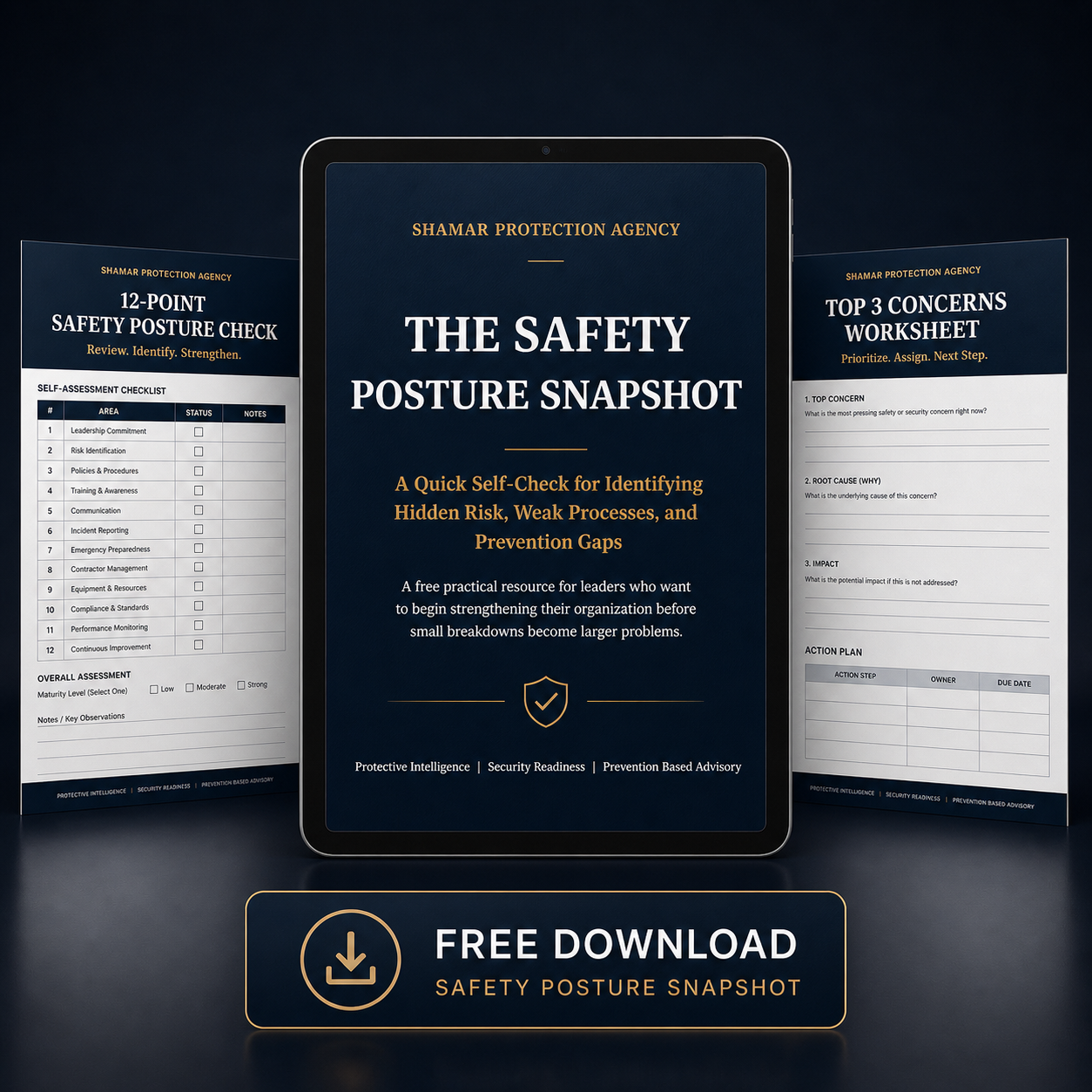 A digital mockup showing a central tablet screen displaying 'The Safety Posture Snapshot' with dark blue background and gold accents, flanked by two sheets of paper with checklists about safety posture checks and concerns. A banner below offers a free download of the safety posture snapshot.