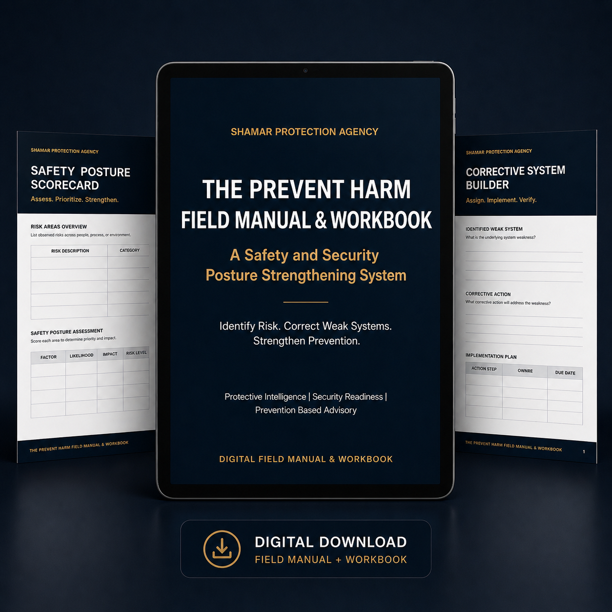 The cover of a digital field manual titled 'The Prevent Harm Field Manual & Workbook' by the Shamar Protection Agency, focusing on safety, security, and posture strengthening, with additional physical and digital copies displayed.