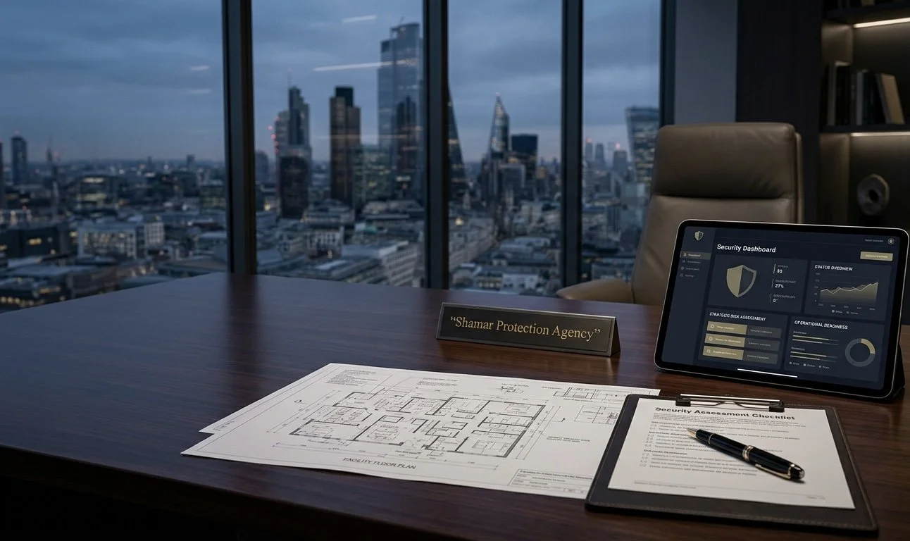 A modern office conference room with a large table, blueprints, a tablet displaying a security dashboard, a pen, a nameplate reading 'Shamar Protection Agency,' and a black leather chair, overlooking a city skyline through tall windows.