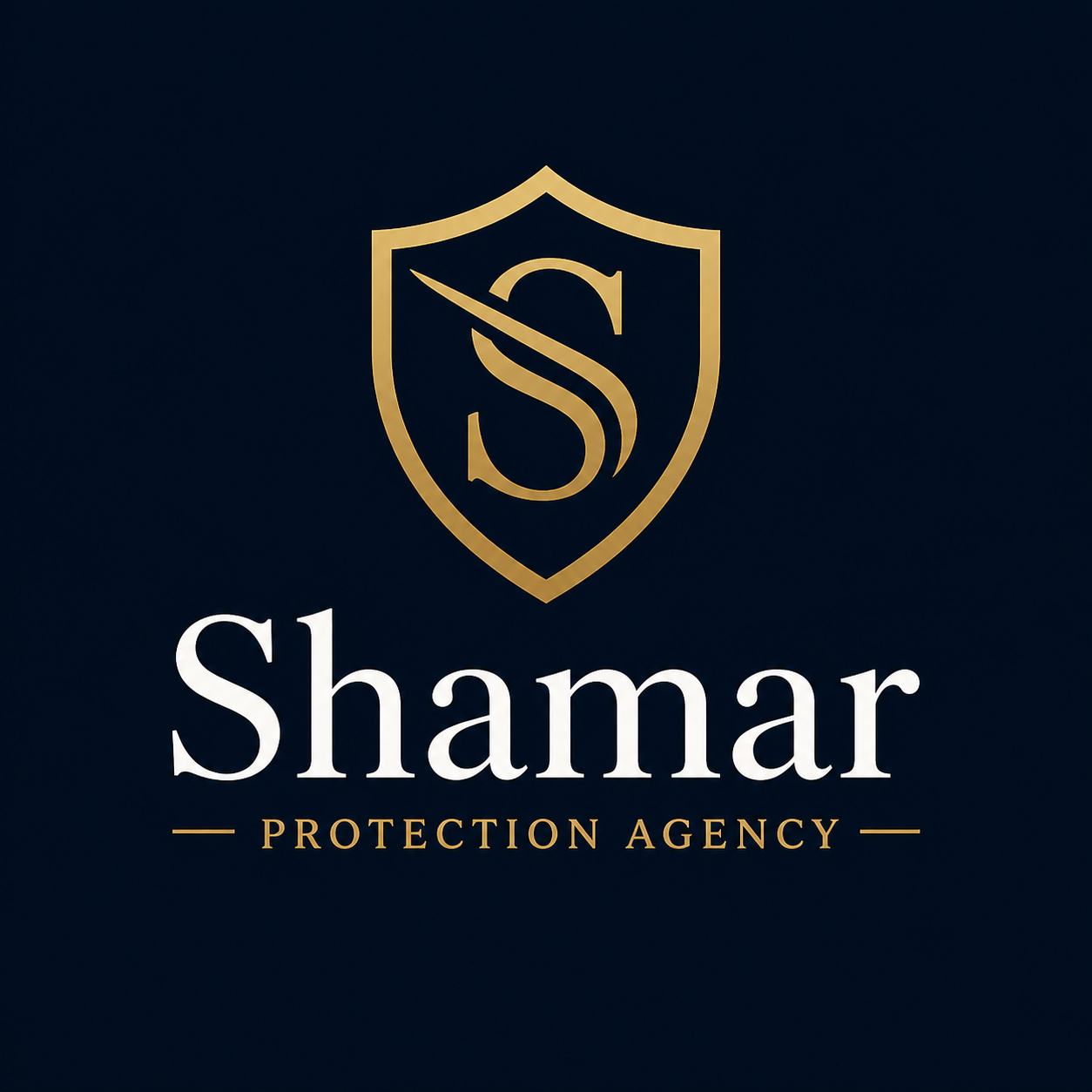 Logo for Shamar Protection Agency featuring a gold shield with an S inside, set against a dark background, with the company name and tagline below.