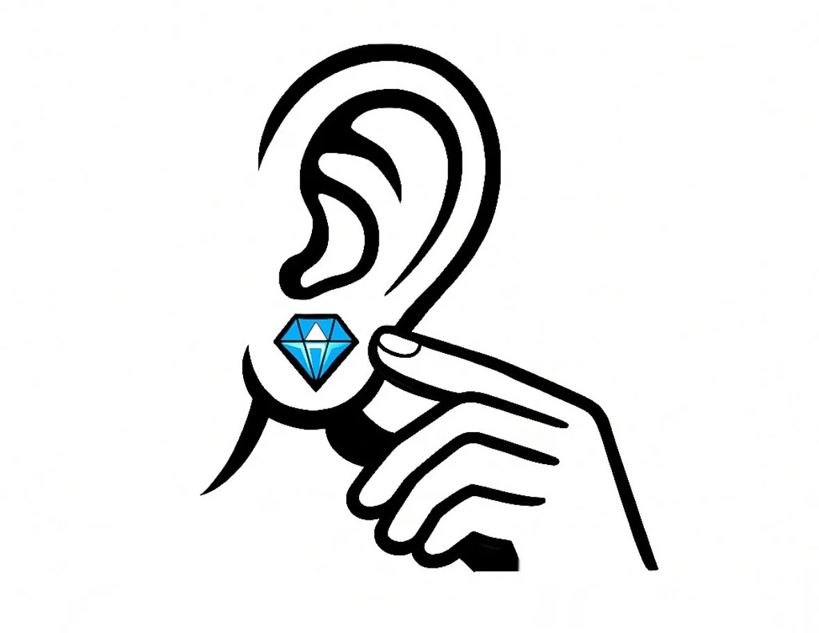 A black outline drawing of a person's ear with a hand holding a finger behind the earlobe. There is a blue diamond-shaped gemstone hanging from the earlobe.