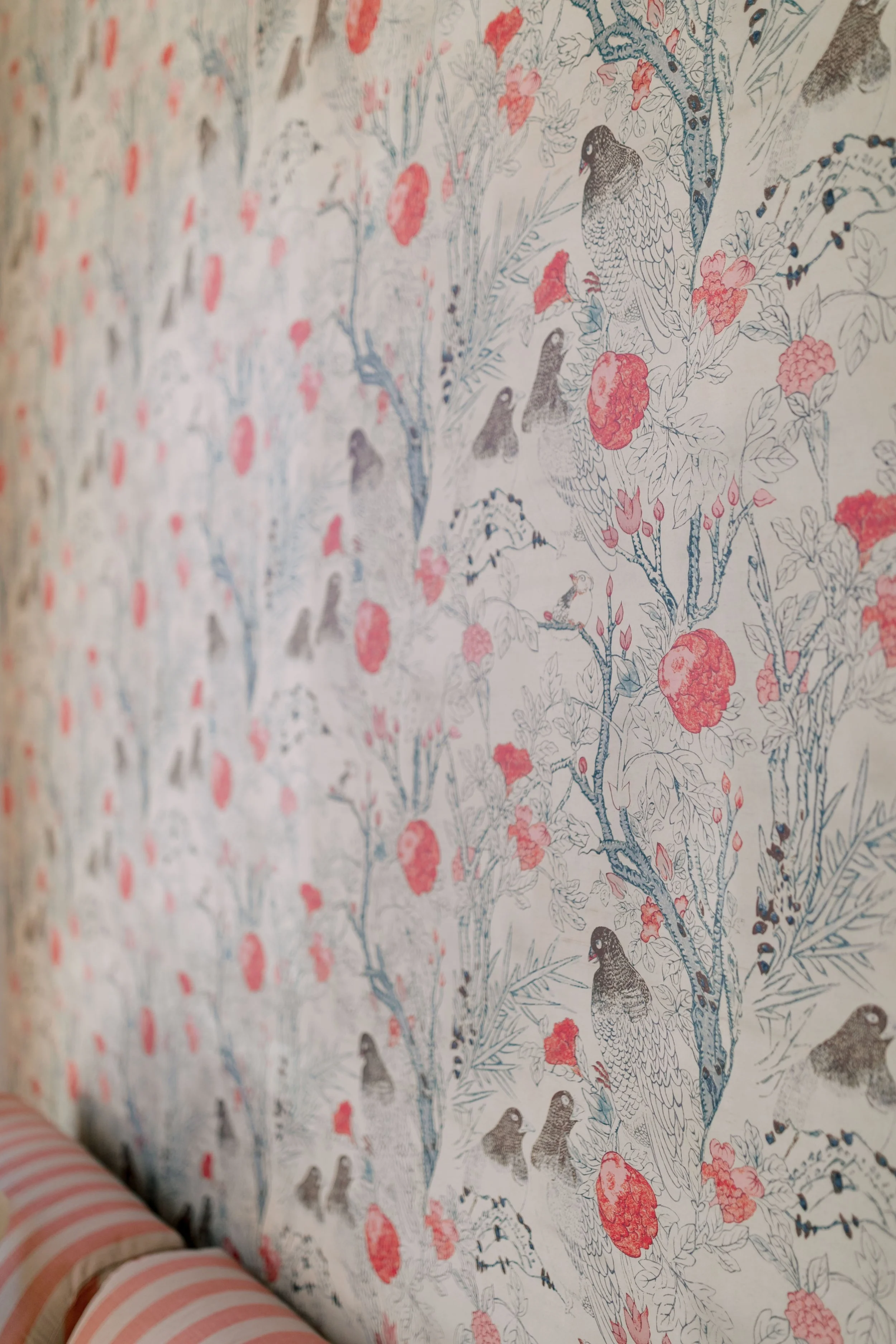 Close-up of a decorative wallpaper featuring birds, branches, and flowers in red, blue, black, and white colors.