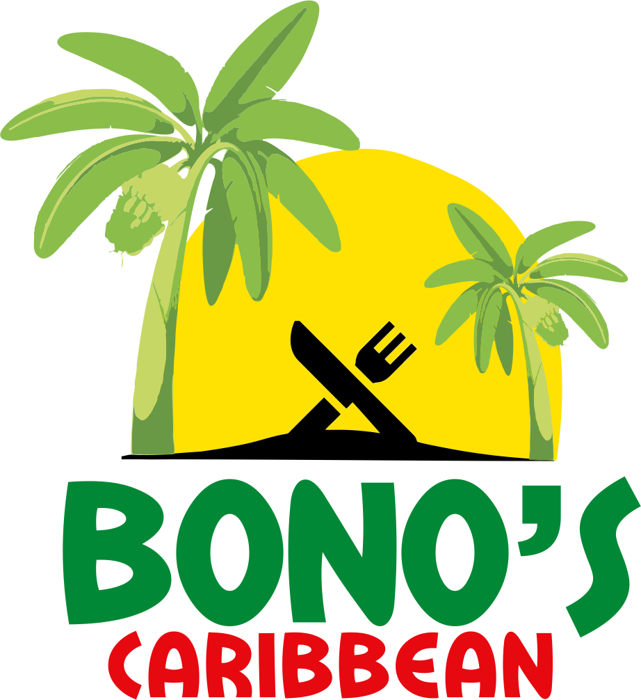 Illustration of a tropical beach scene with a large yellow sun setting behind two green palm trees, a small black shovel and rake crossed, and the text 'Bono's Caribbean' in green and red letters.