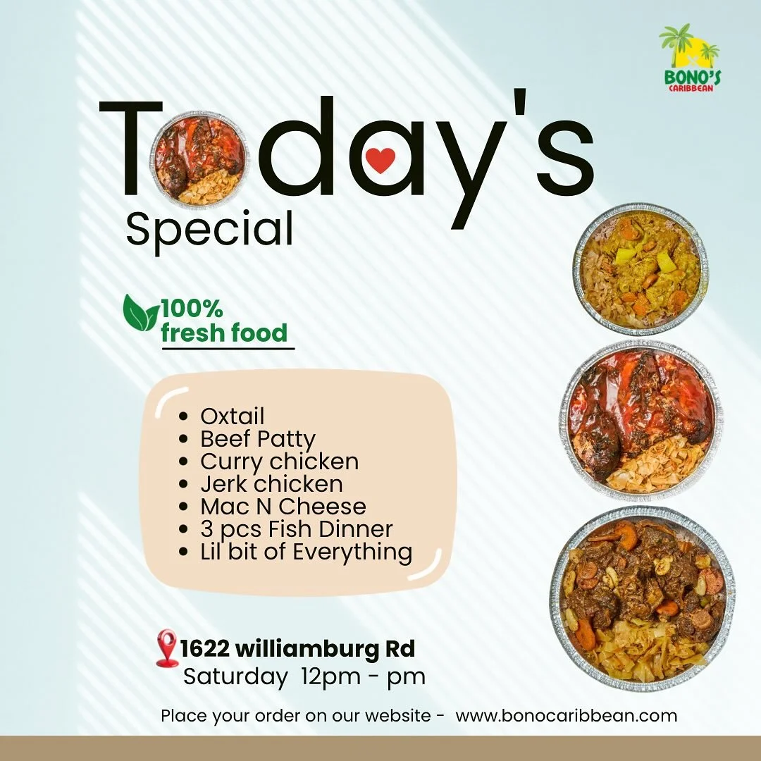 We are serving up Today!🚨🚨

MEAL: L.B.O.E (Oxtail &amp; Jerk Chicken), Rice &amp;Peas, Cabbage, Mac-n-cheese and Cornbread🤤🤤🤤

Curry chicken 

Oxtail

Jerk chicken 

TIME: 12pm - 6PM today🚨🚨

LOCATION: 📍1622 Williamsburg Rd 

Come hungry 🤤

