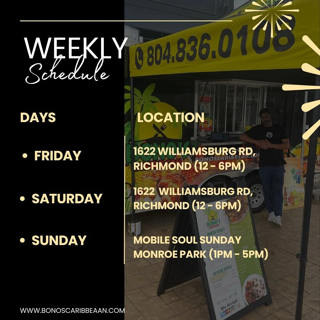 This week&rsquo;s flavor forecast is in ,so let&rsquo;s mark it down and don&rsquo;t miss a bite! 

Friday: 12PM- 6PM
1622 Williamsburg Rd, Richmond 

Saturday:  12PM-6PM
1622 Williamsburg Rd, Richmond 

Sunday: 1PM -5PM 
Mobile Soul Sunday Monroe Pa