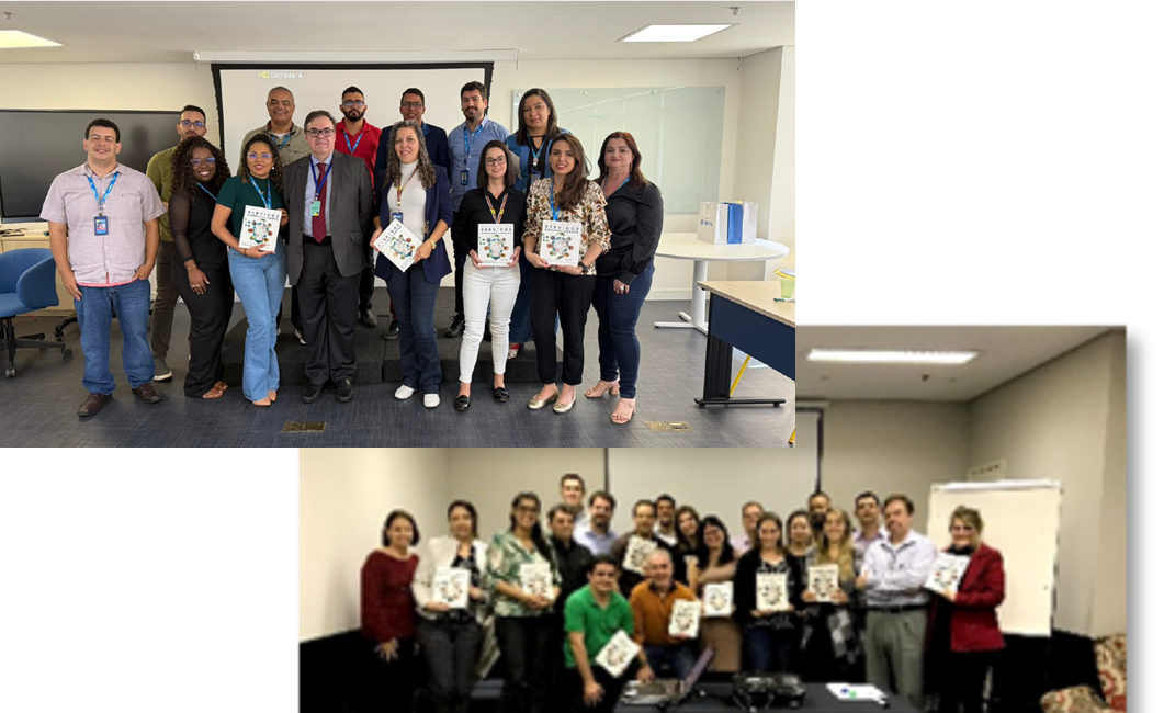 Two groups of people, one standing in a conference room with a projector screen behind them, and the other group standing in a room with a whiteboard, all holding certificates or papers, likely celebrating an achievement or attending a professional event.