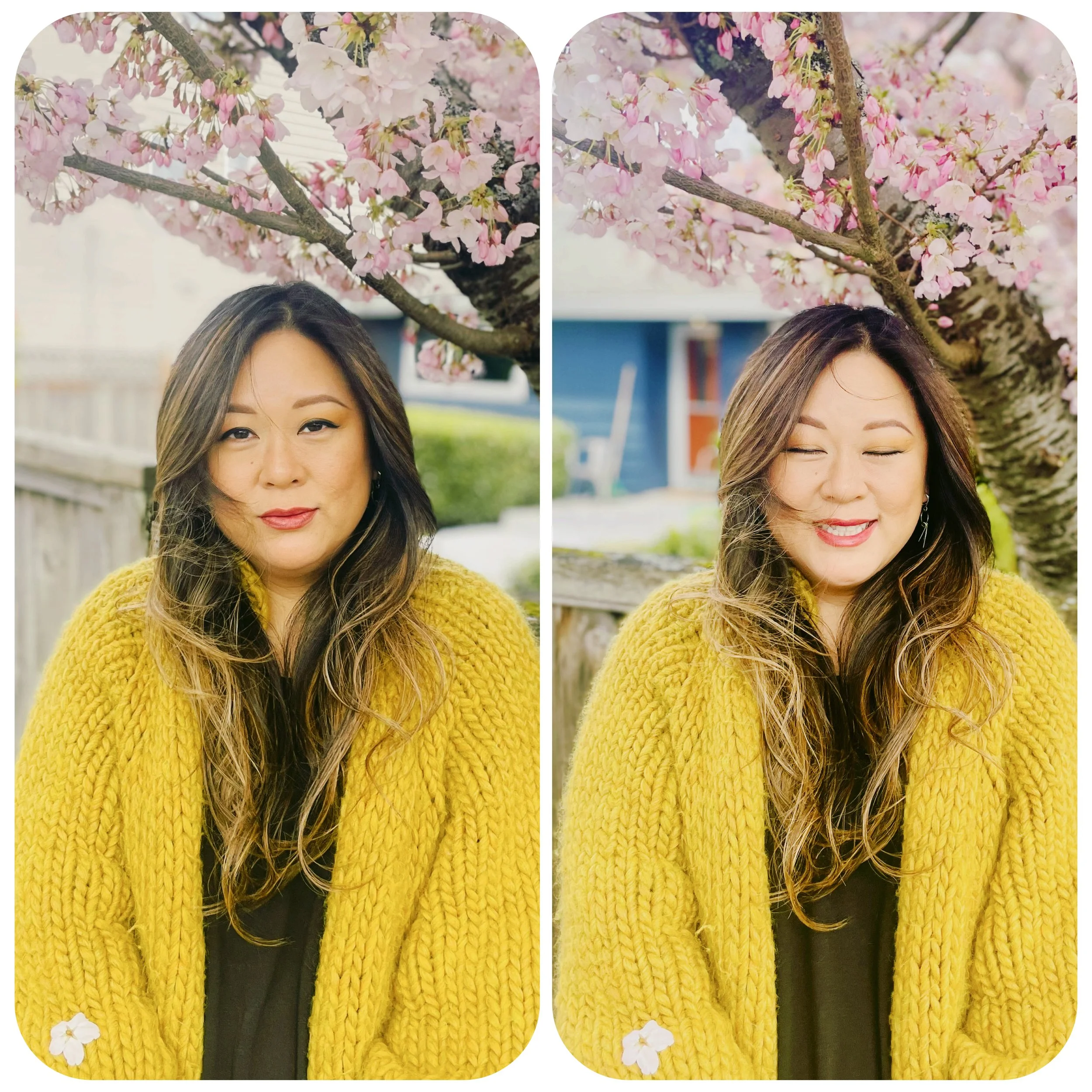 A woman in a yellow knitted sweater standing outdoors in front of a cherry blossom tree. She has long dark hair, and in one photo, she is looking directly at the camera with a serious expression. In the other photo, she is smiling with her eyes closed. The background includes a wooden fence, a blue house, and some greenery.