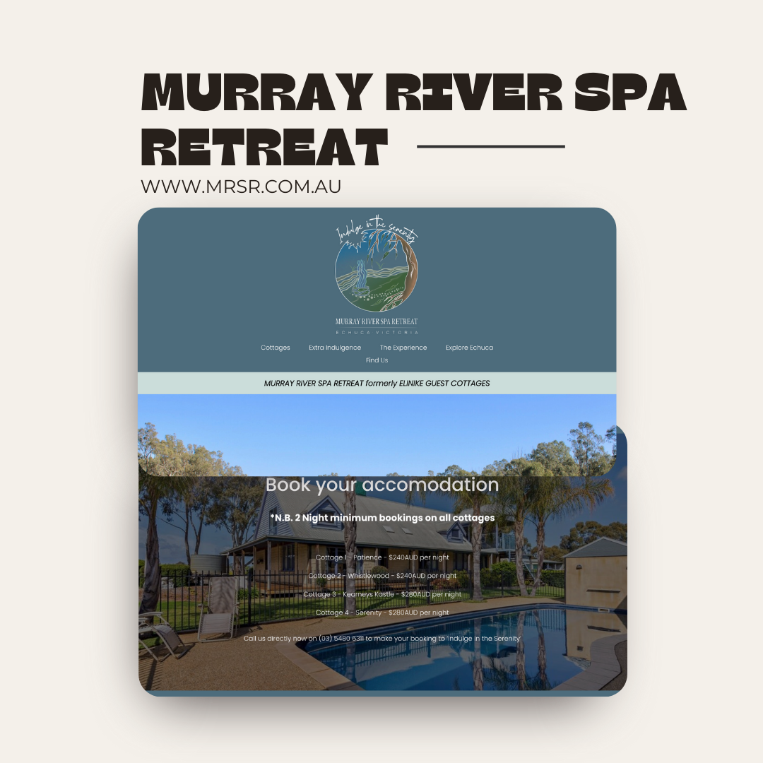 Advertisement for Murray River Spa Retreat featuring a house with a pool, trees, and booking details with prices and contact information.