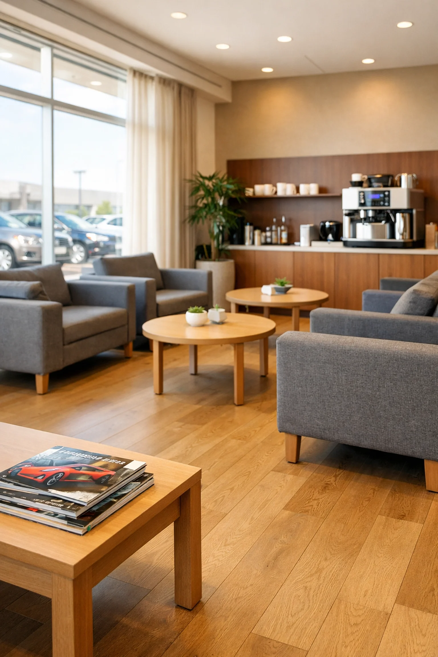 Car Dealership customer lounge showing shining floors and clean tables because they were just cleaned by a Commercial Cleaning Company in Northern New Jersey