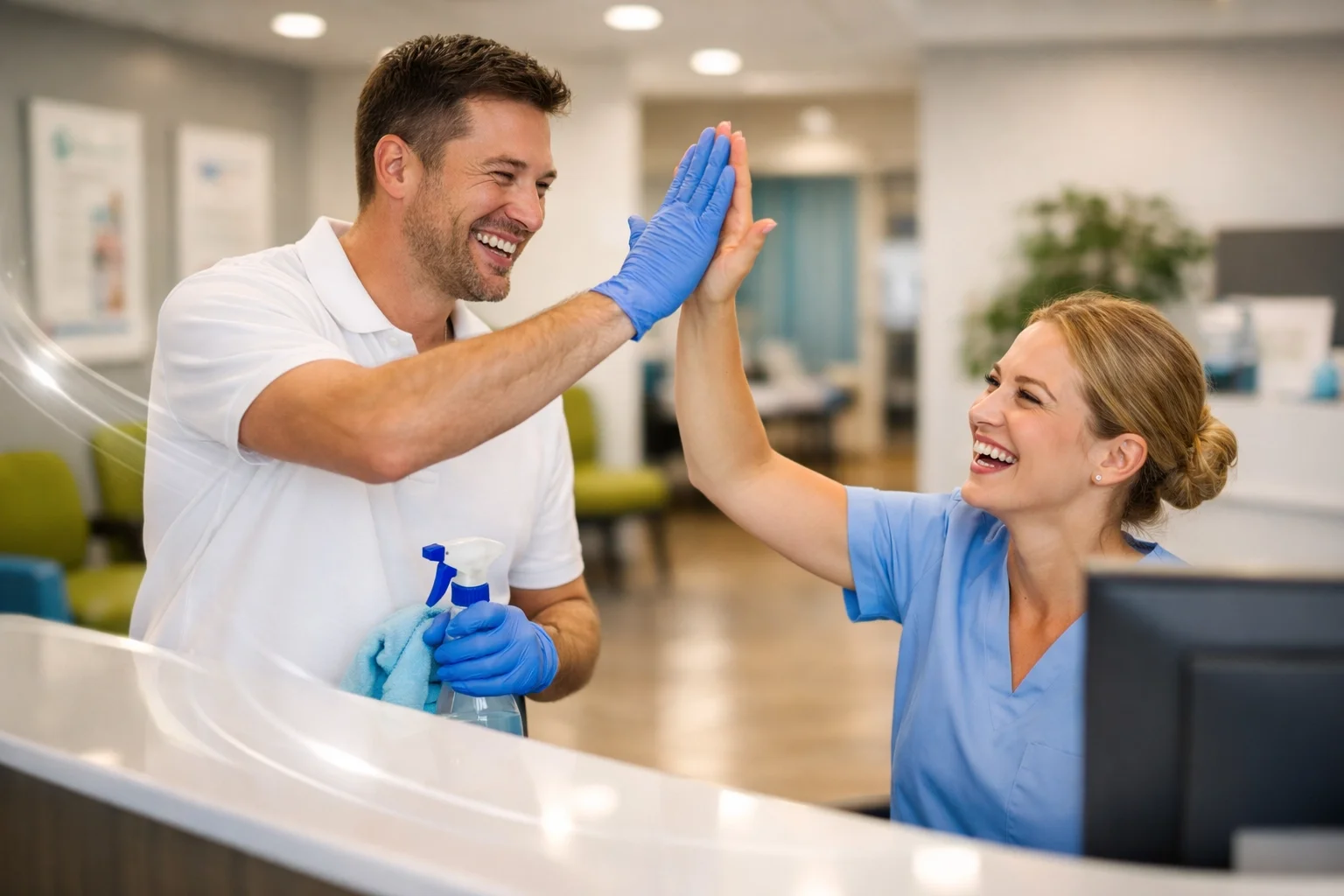 A man and woman, both in medical scrubs and rubber gloves, giving each other a high five in a medical office reception area. JordyClean is proud to provide Premier Medical Office Cleaning to Bergen County, New Jersey. 