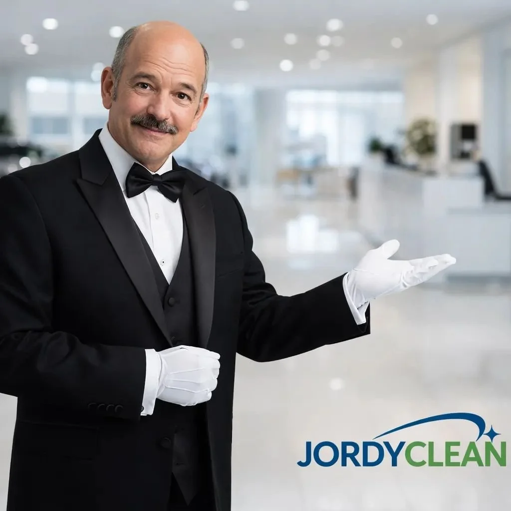 A man in a tuxedo with a bow tie and white gloves standing in a bright, modern office environment, holding his right hand out in a presenting gesture. JordyClean is proud to offer white-glove Commercial Cleaning to Bergen County, New Jersey.