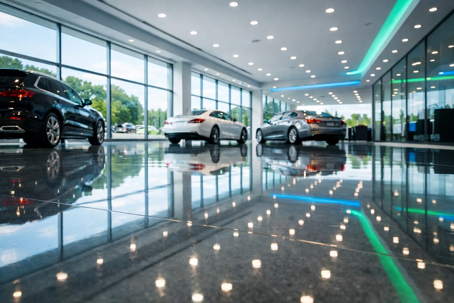 Inside a modern car dealership showroom in Ramsey, New Jersey displaying several new cars with large glass windows and shiny tiled floors. JordyClean serves Car Dealership cleaning services in Ramsey, New Jersey.