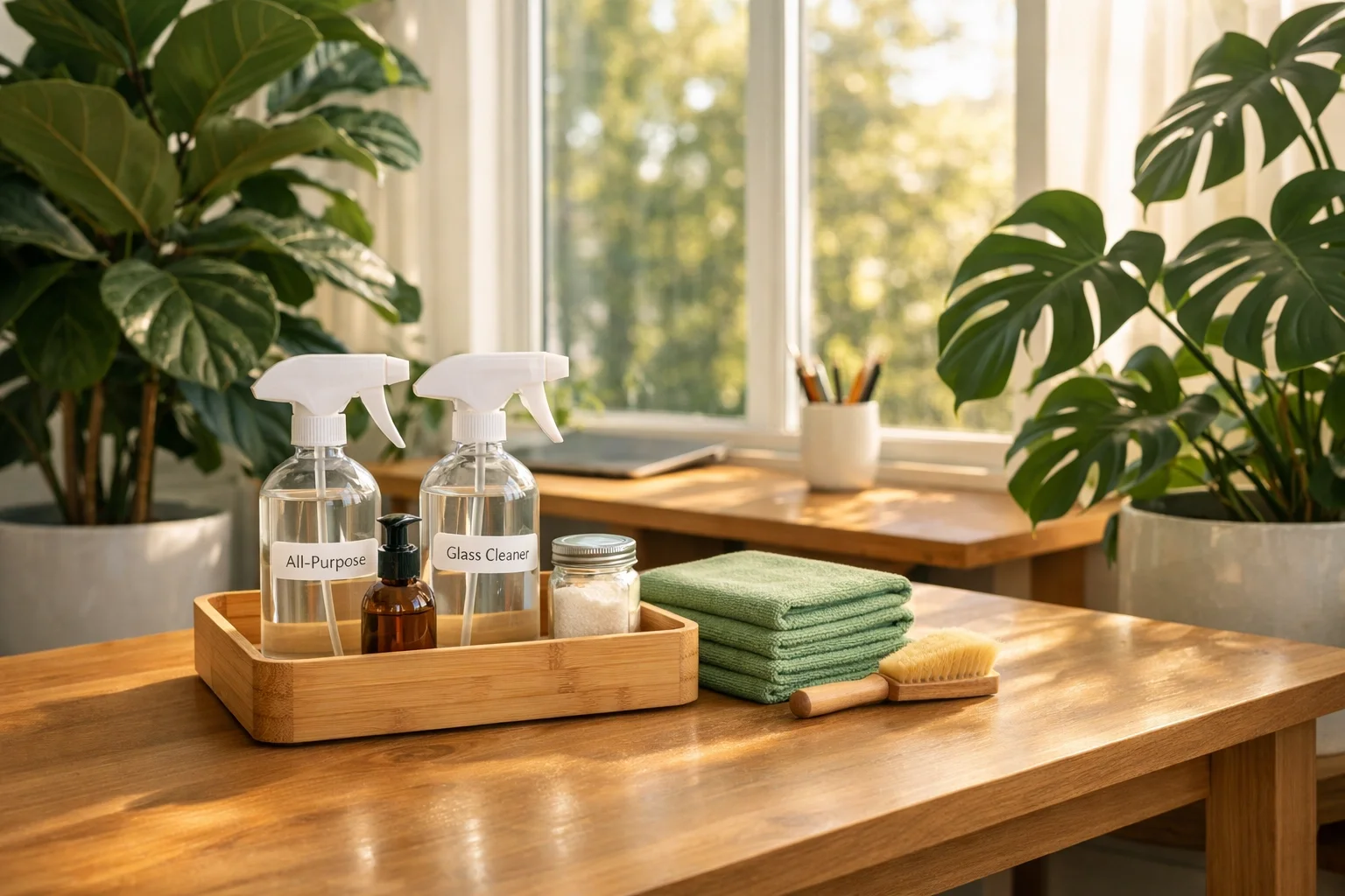 Green commercial cleaning services using eco-friendly products in a modern, sustainable office environment