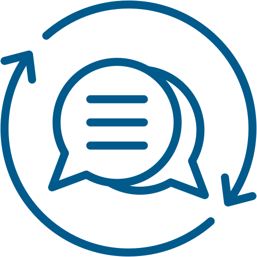 Icon of two speech bubbles inside a circular arrow, symbolizing communication or conversation exchange.
