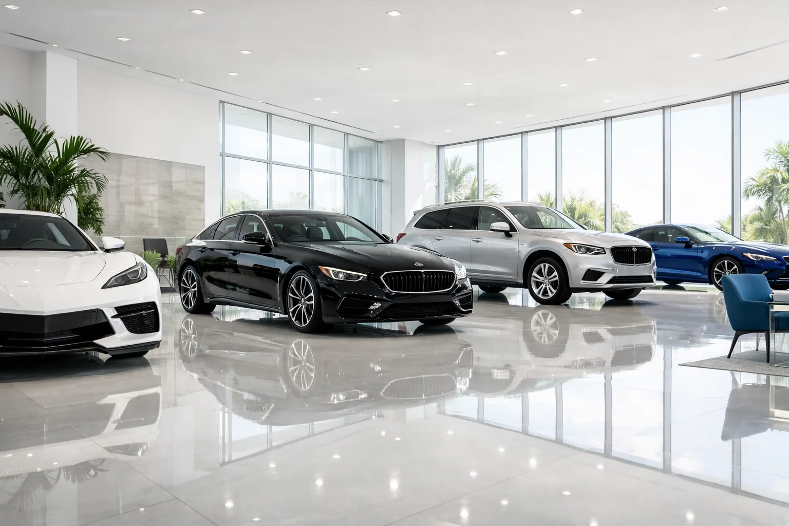Luxury car dealership cleaning services in NJ focusing on mirror-polished showroom floors and brand standards.