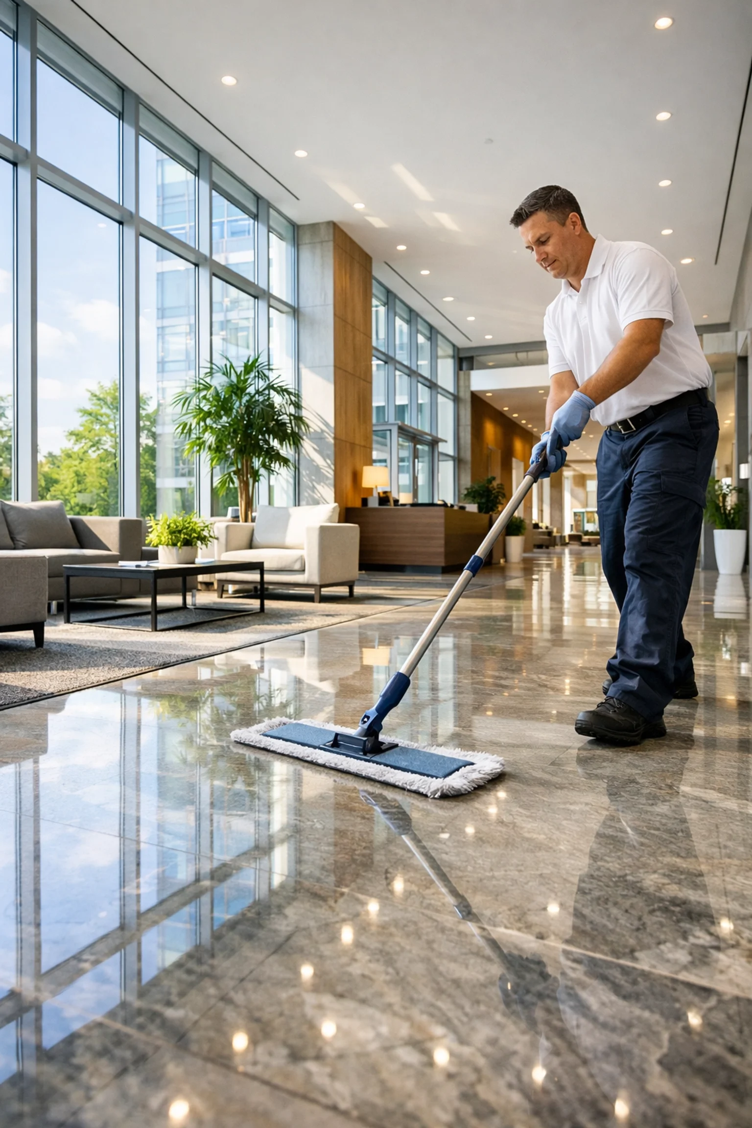 A commercial cleaning employee in a white shirt and blue trousers mopping the shiny floor of a modern hotel lobby with large glass windows and green plants in Woodcliff Lake, New Jersey. Commercial Cleaning at its finest.