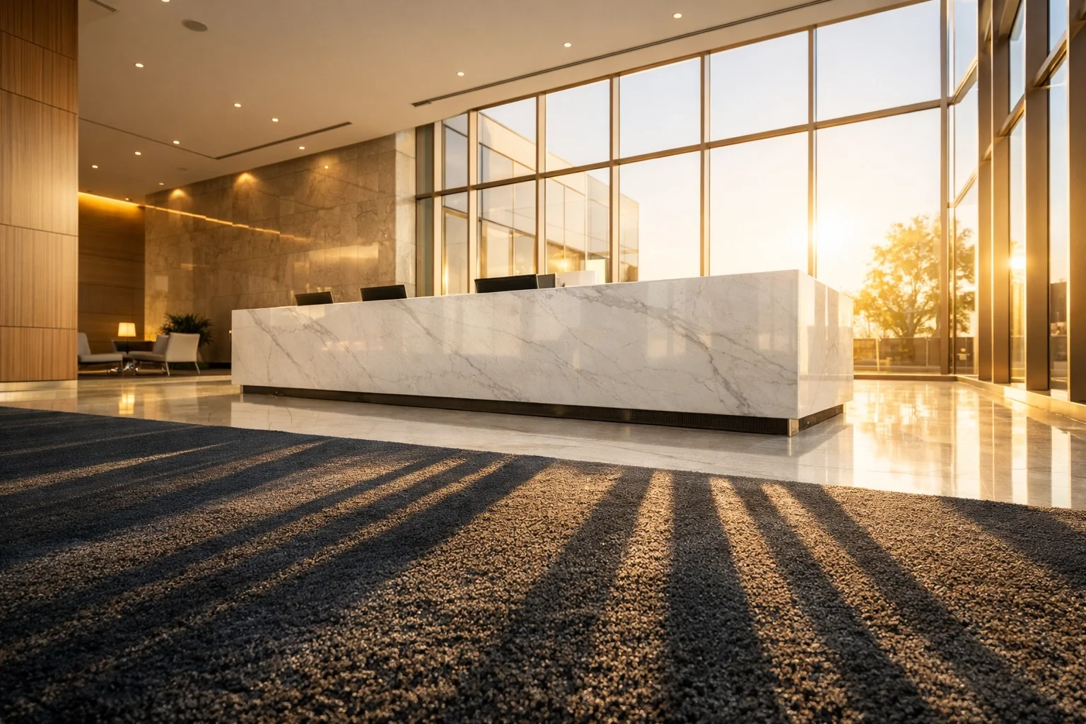 Premium daily office cleaning in Northern New Jersey featuring a spotless modern lobby with polished marble and vacuumed carpets.
