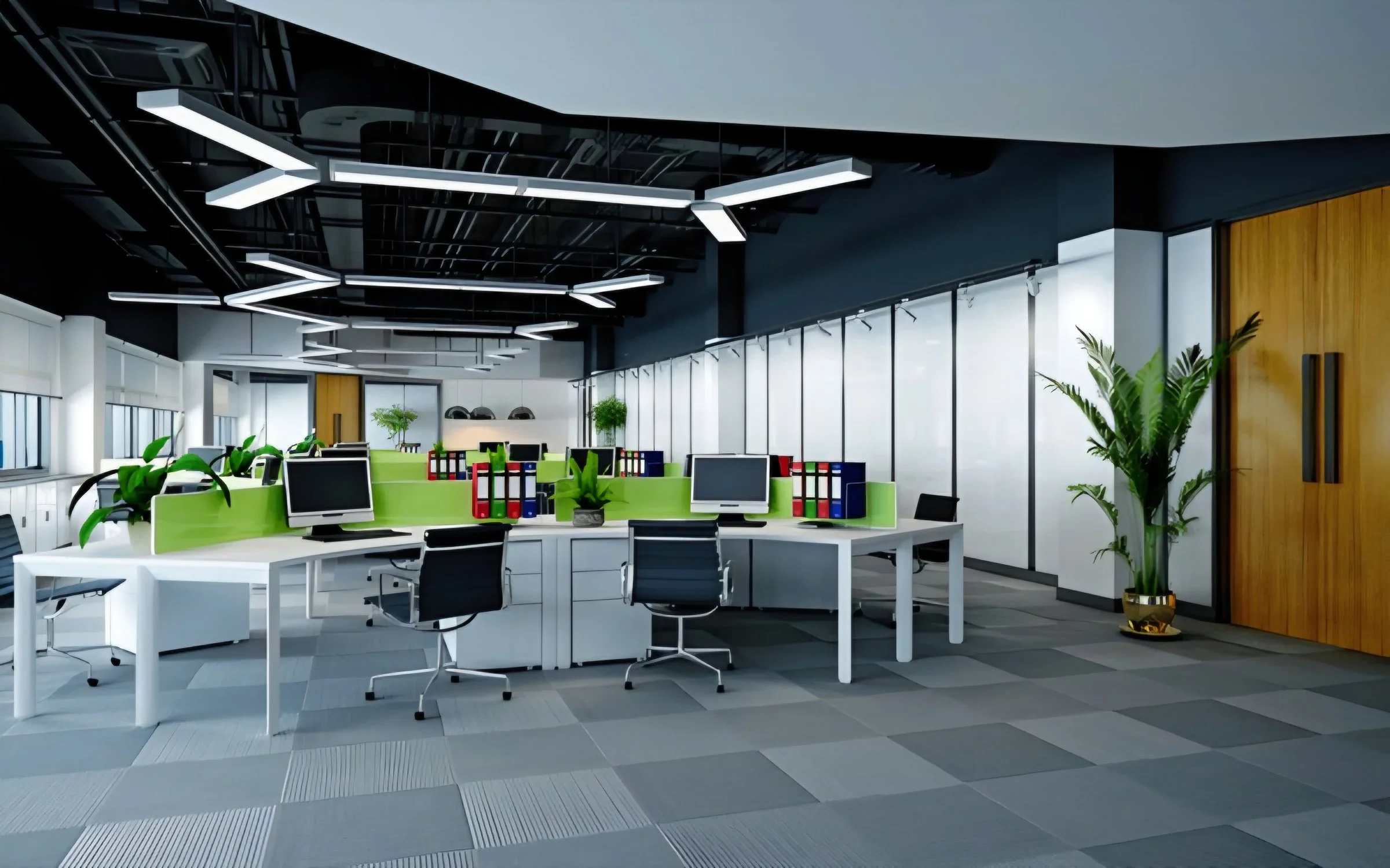 Modern office space with white desks, black swivel chairs, computer monitors, green plants, colorful file organizers, and large windows with roller blinds.