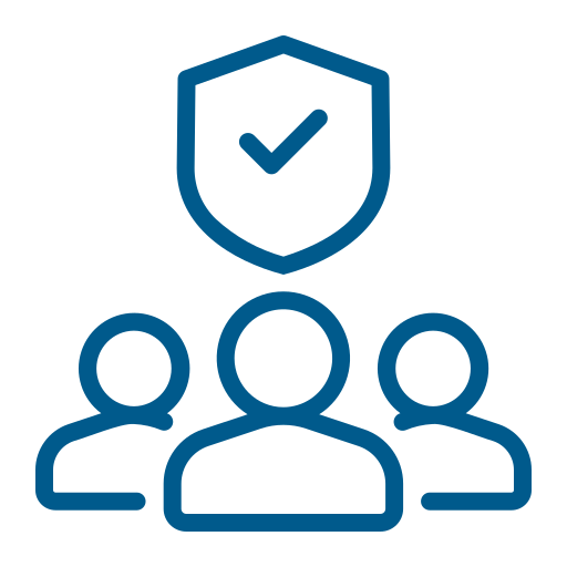 Icon of a shield with a checkmark above three person silhouettes, representing security or protection of a group.