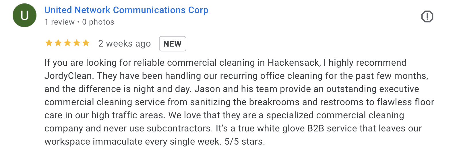 5 star review of JordyClean Commercial Cleaning in Hackensack