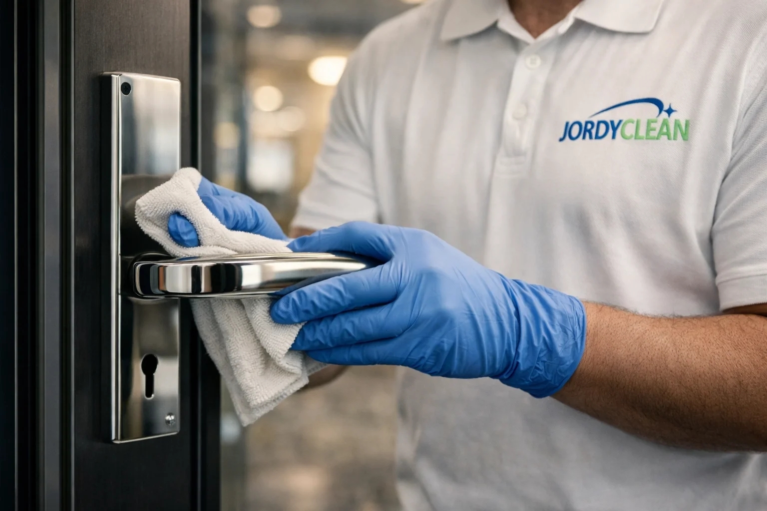 A person wearing a white polo shirt with a 'JORDY CLEAN' logo, Bergen County Commercial Cleaning employee wearing blue gloves, and using a white cloth to clean a black door handle of an executive office.