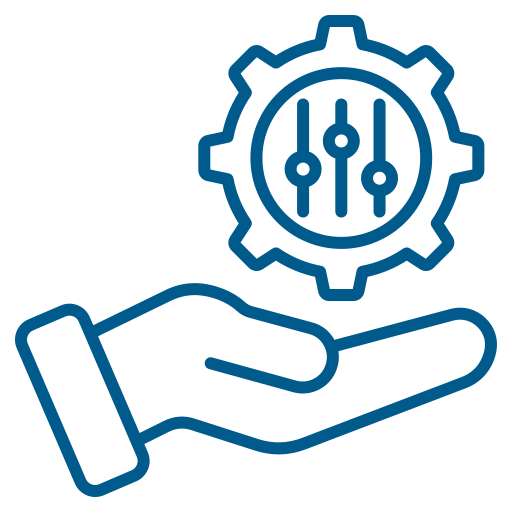 Line drawing of a hand holding a gear with control sliders inside of it, symbolizing technology or automation.