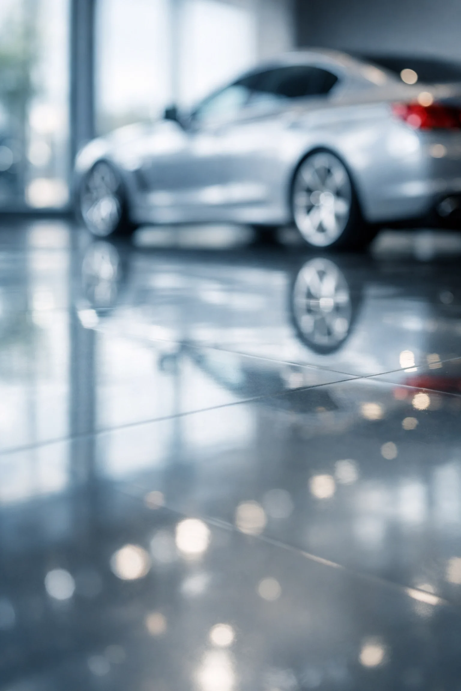 Newly shining luxury dealership showroom floor right after Bergen County Commercial Cleaning Company cleaned it
