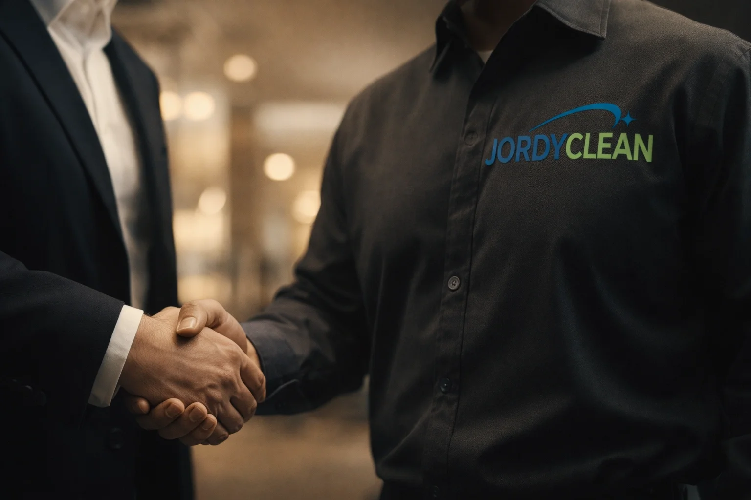 Professional handshake between a business owner and JordyClean staff finalizing a commercial cleaning plan in Northern New Jersey.