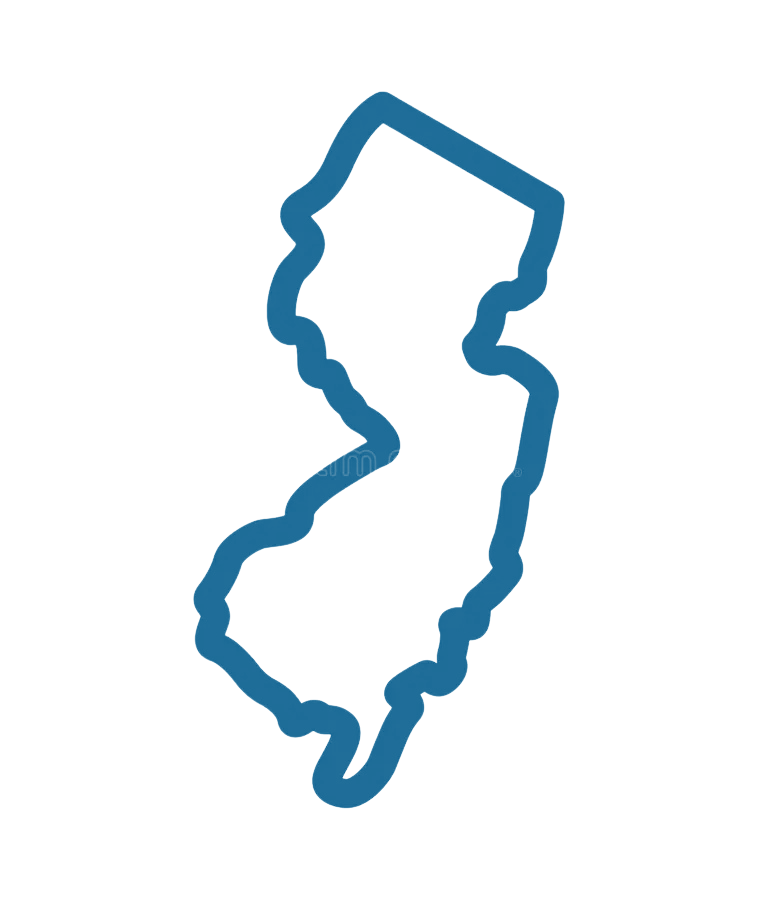 Outline of the state of New Jersey in blue on a black background.