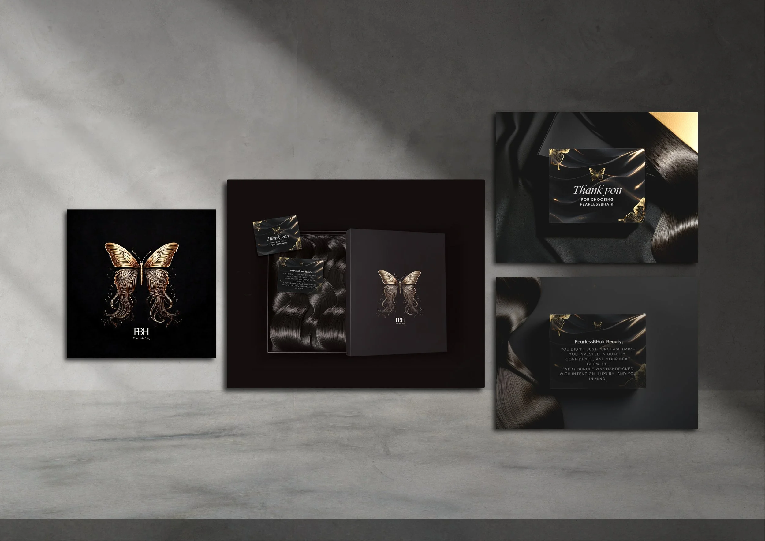 Flat lay photo showcasing FearlessBHair’s luxury butterfly logo box with custom inserts and hair texture visible, accompanied by branded thank-you and brand value cards.