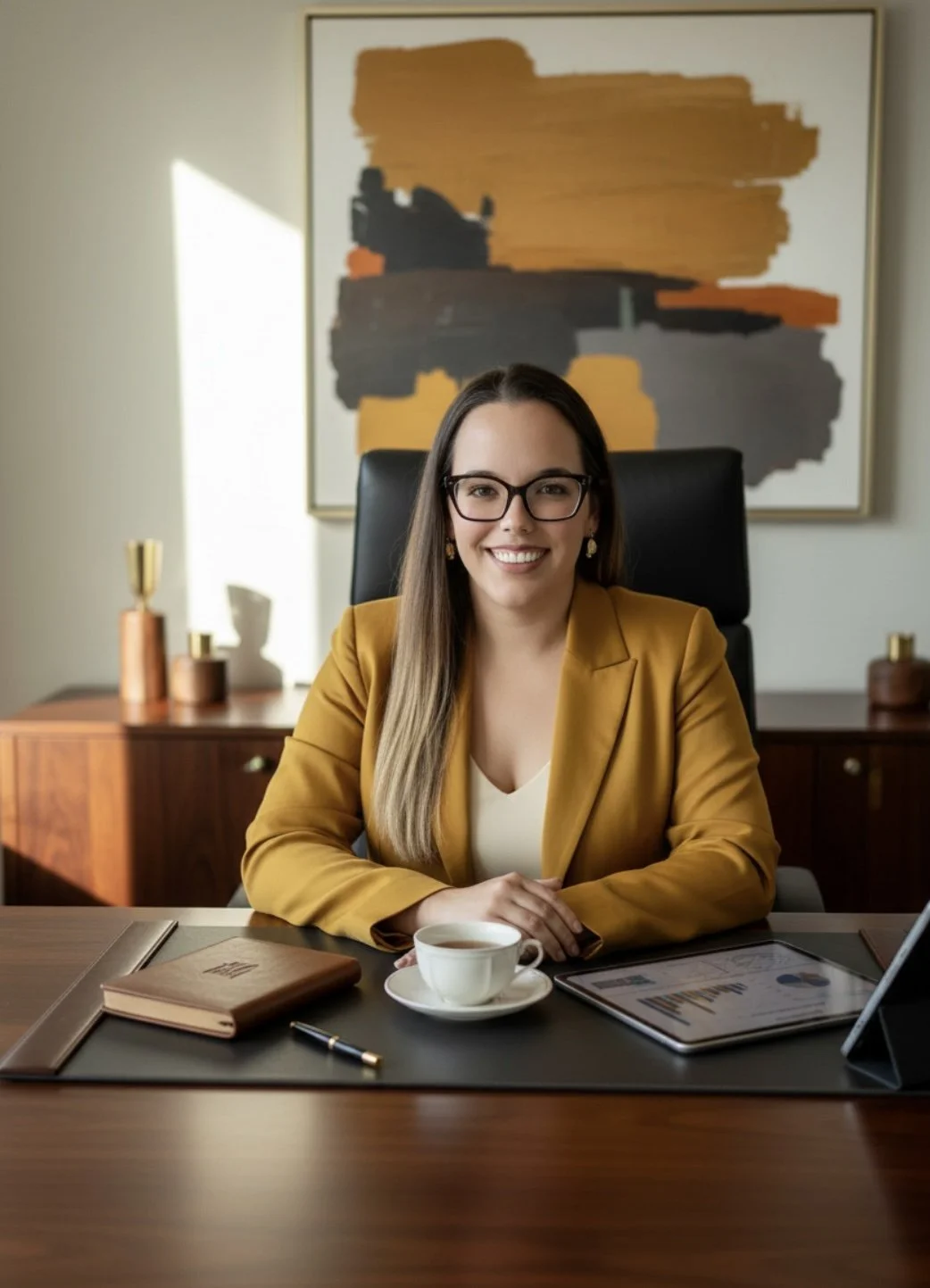 A woman with long brown hair, glasses, and earrings, wearing a mustard yellow blazer, sitting at a desk with a cup of coffee, a closed notebook, a pen, and a tablet, smiling in an office setting with a large abstract painting in the background.