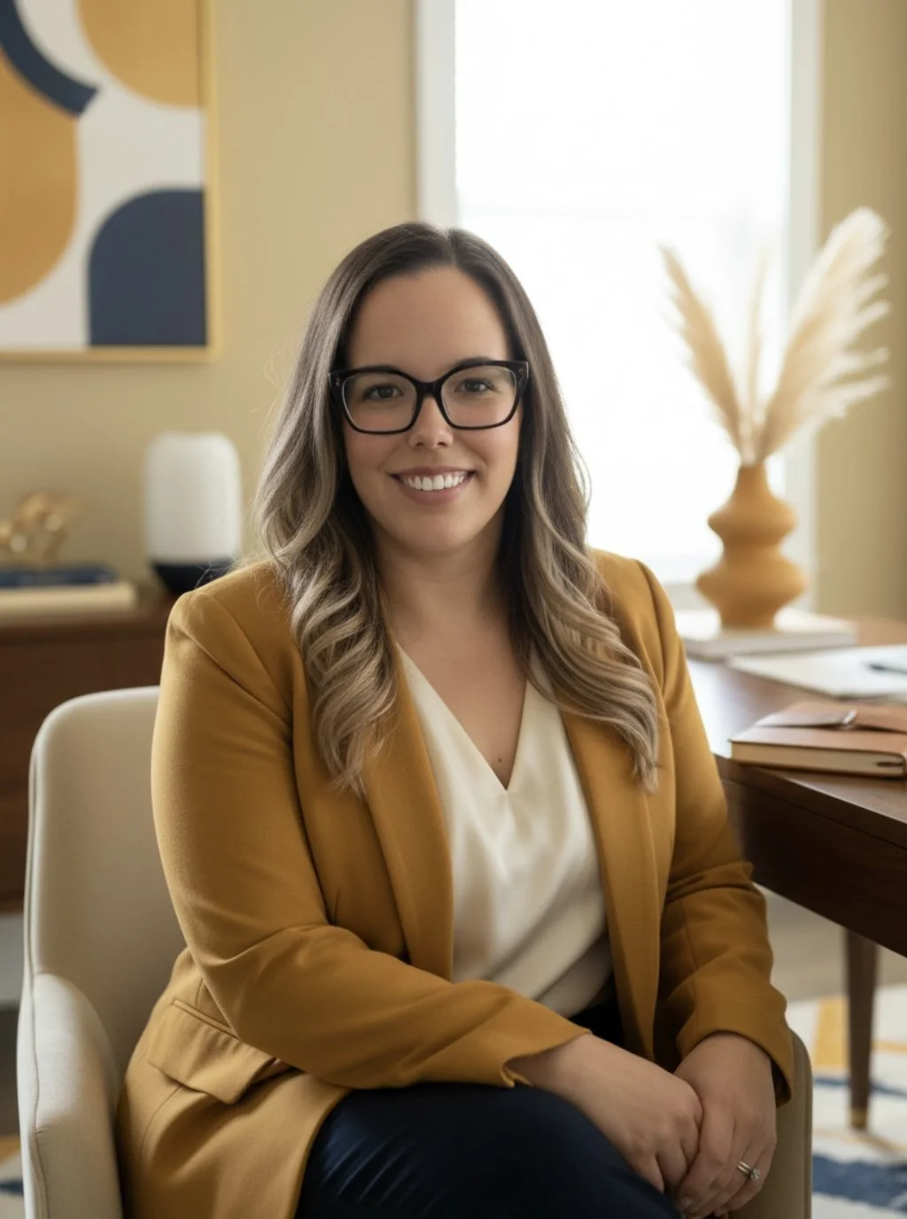 A woman with long wavy hair, wearing glasses, a mustard-colored blazer, and a white top, sitting in an office.