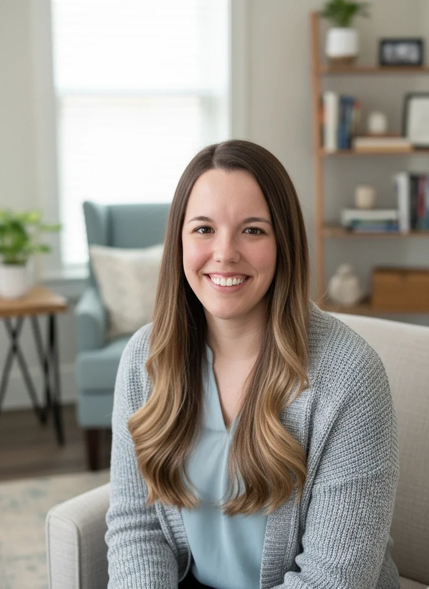 A woman with long, wavy brown hair smiling while sitting on a light-colored chair in a well-lit living room with a blue armchair, a wooden bookshelf, and a window in the background.