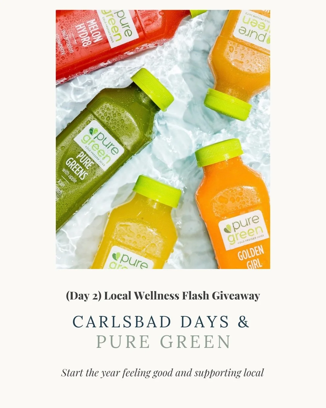 Wellness Flash Giveaway 🎁 Day 2

Today&rsquo;s Local Wellness Flash Giveaway features @puregreen_carlsbad and their popular Juice &lsquo;Til Dinner package.

This option is designed as an approachable reset, especially for anyone new to juicing. You