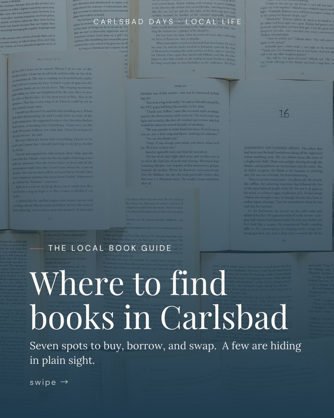 Where to find books in Carlsbad 📚 Save this one.

We mapped out 7 spots to buy, borrow, and swap books around town, from the new @carlsbadvillagebooks in the Village to a free library tucked away at Batiquitos Lagoon.

Swipe through for all 7, then 